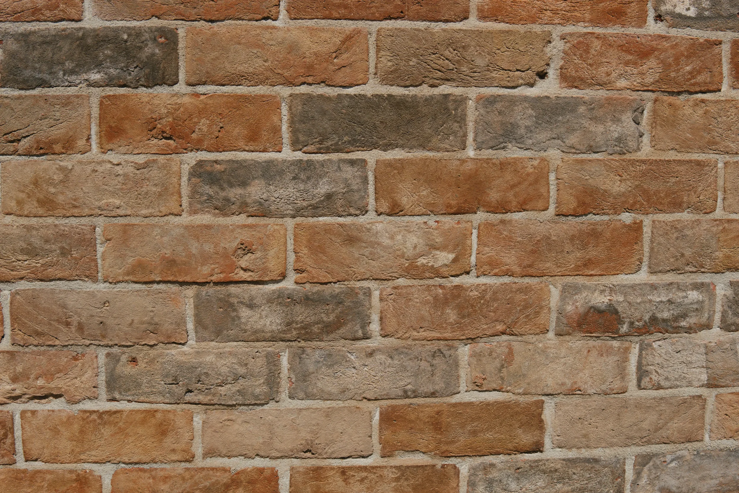 Close-up of a rustic brick wall with various shades of red, brown, and gray bricks, and visible mortar lines.