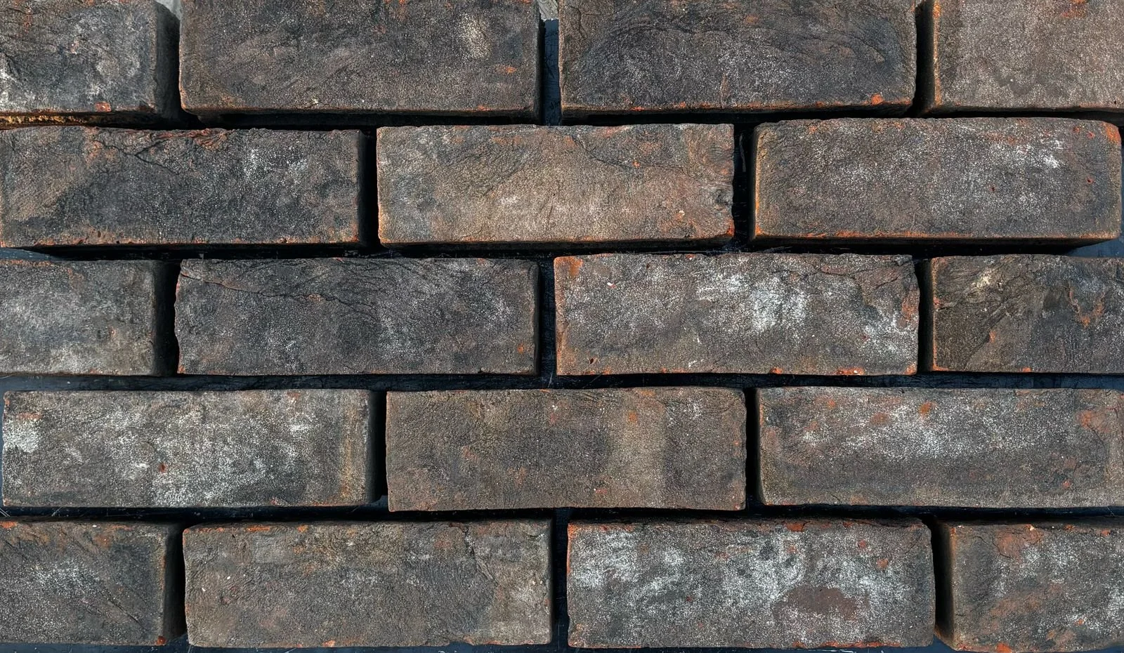 Close-up of a brick wall showing rectangular bricks with a rough surface and dark mortar in between.
