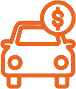 Orange car icon with a dollar sign in a circle above it, representing car cost or value.