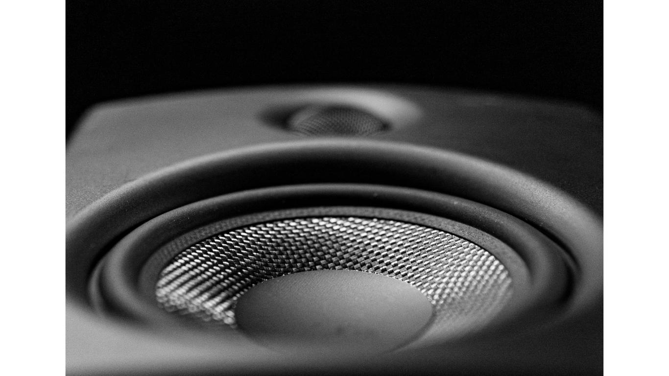 Close-up of a black speaker with visible mesh cone and outer ring
