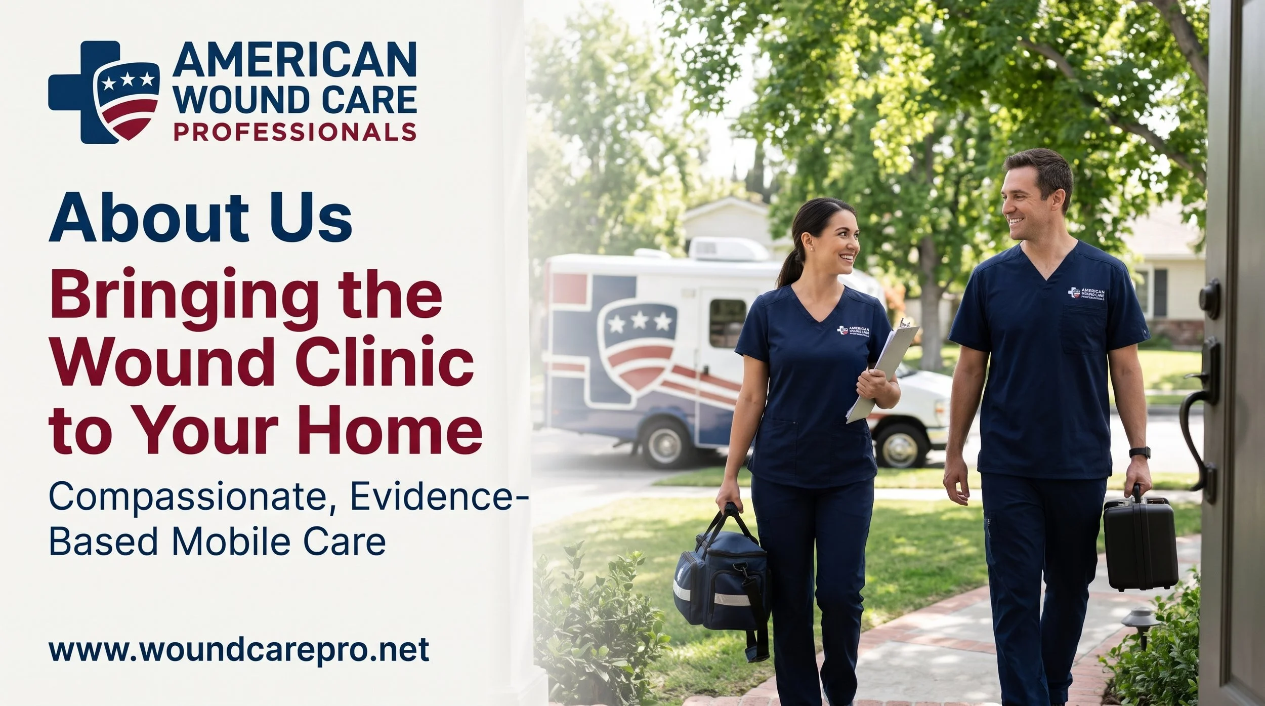 American Wound Care Professionals mobile wound clinic team arriving at a home, with text promoting compassionate, evidence-based wound care and woundcarepro.net.