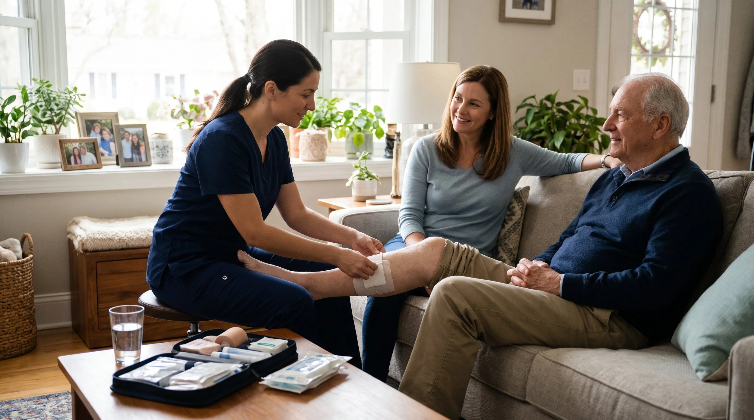 Home healthcare worker bandages an elderly man's leg while his wife looks on in their living room