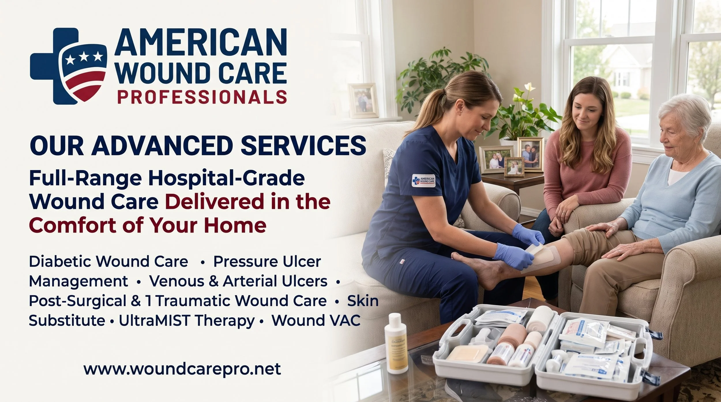 American Wound Care Professionals home wound care banner showing a nurse treating an elderly woman's leg alongside a caregiver, with wound care supplies and listed advanced services.
