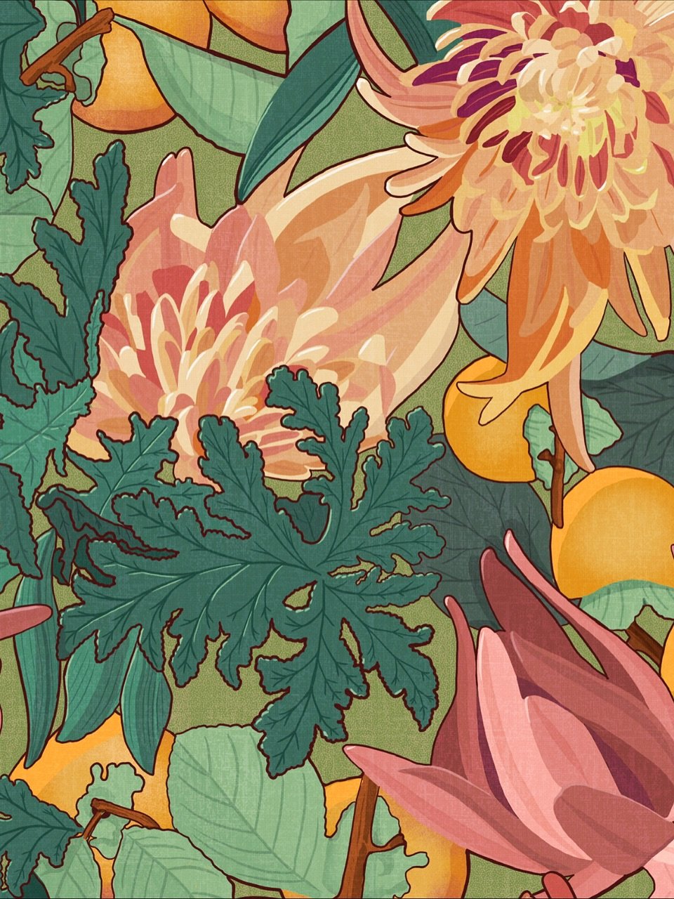 A bouquet from friend that I couldn&rsquo;t resist. Art nouveau inspired Zinnia and Persimmon pattern for fabric. 

#zinnia #persimmon #artnouveauinspired