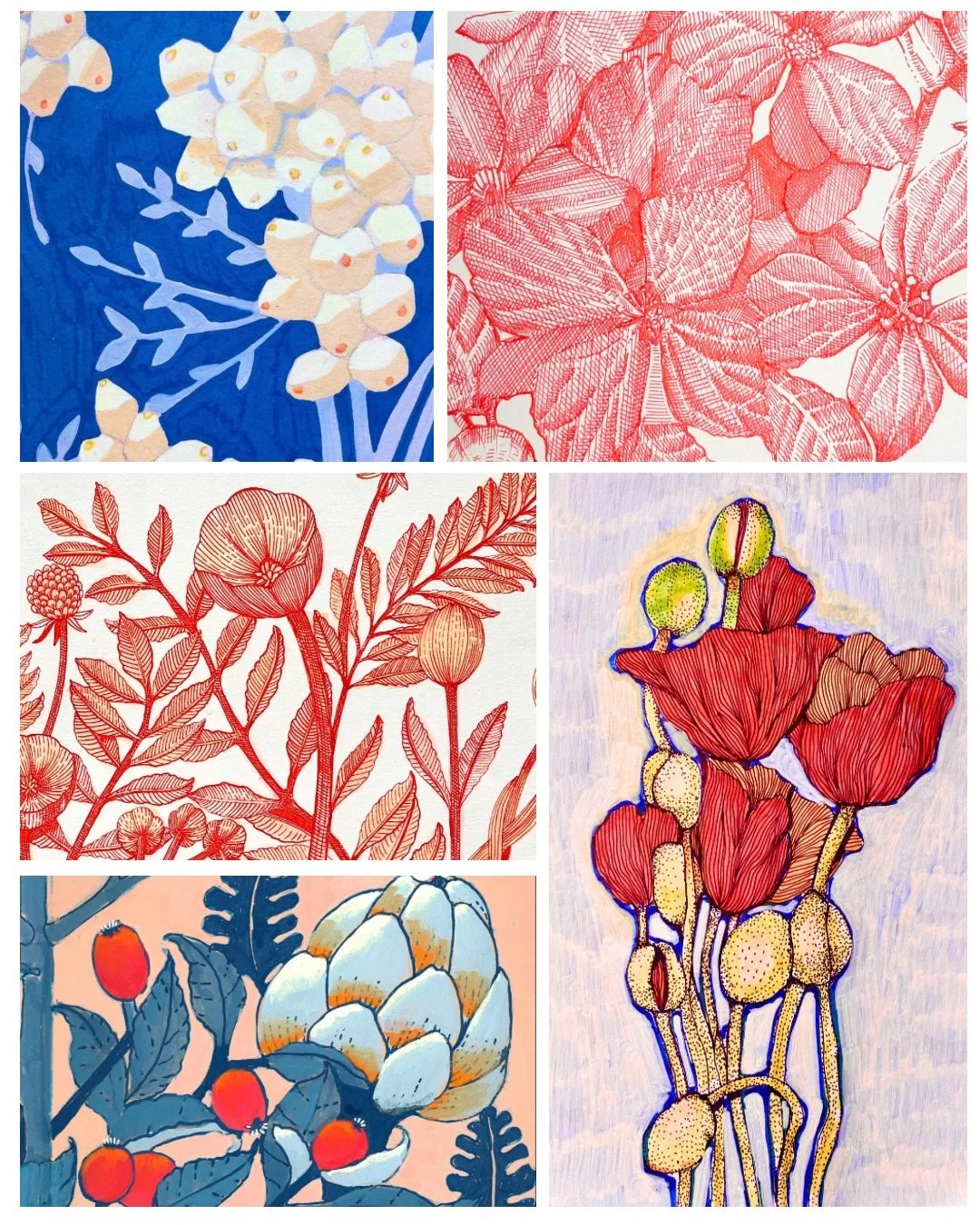 Review of some sketchbook pages from 2025 - blues and reds and crosshatching #sketchbookart