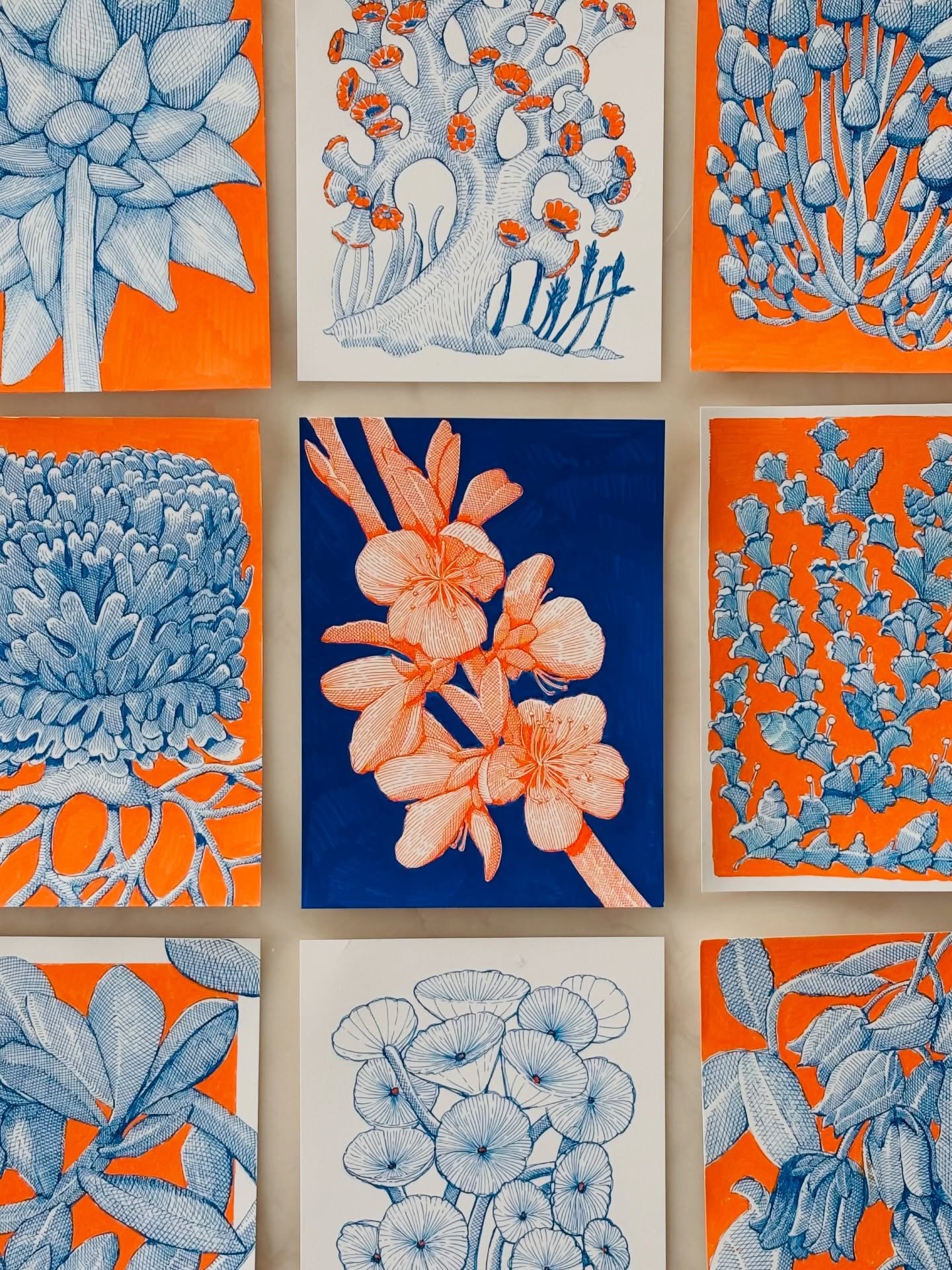 Day 9 of the 100 day project. I thought I&rsquo;d get to nine and then decide where to go from there but I&rsquo;m already working ahead and will continue with this theme of orange and blue and botanical line drawing. It&rsquo;s been rewarding so far