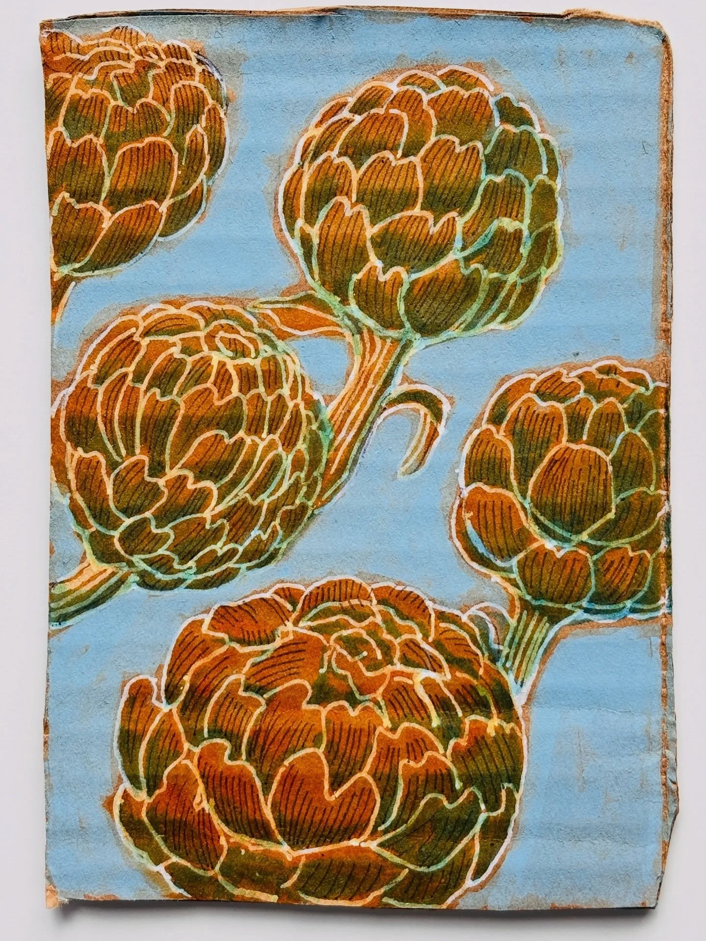 Going full color now. Painted on recycled cardboard. Day 61/100 acrylic and alcohol markers #artichokes