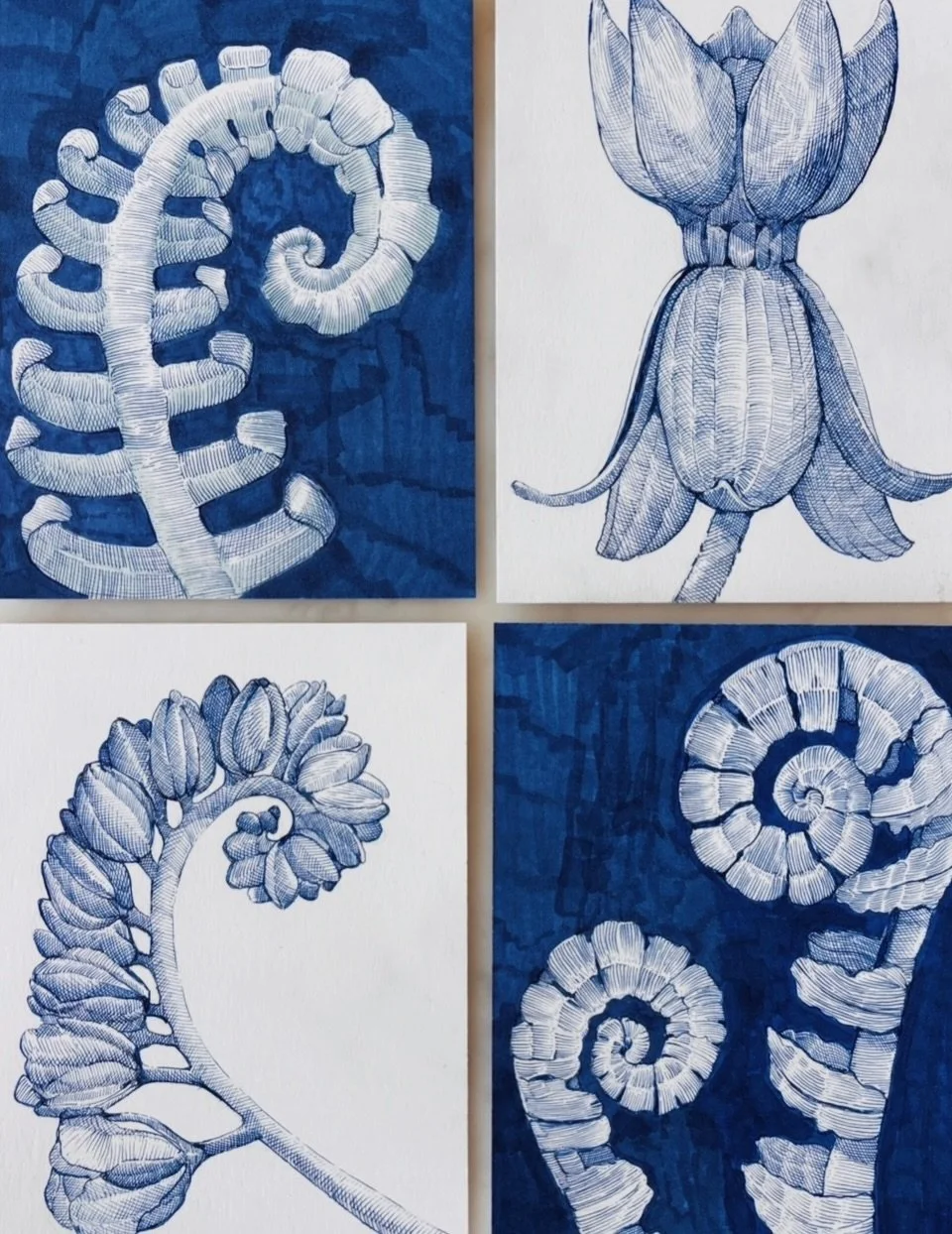 A blue and white collection of drawings emerging from recent days where I was struggling to find a direction. Aiming to make at least 5 more to add to these. (The last one was a pattern I made with a blue and white drawing) #inkdrawingseries