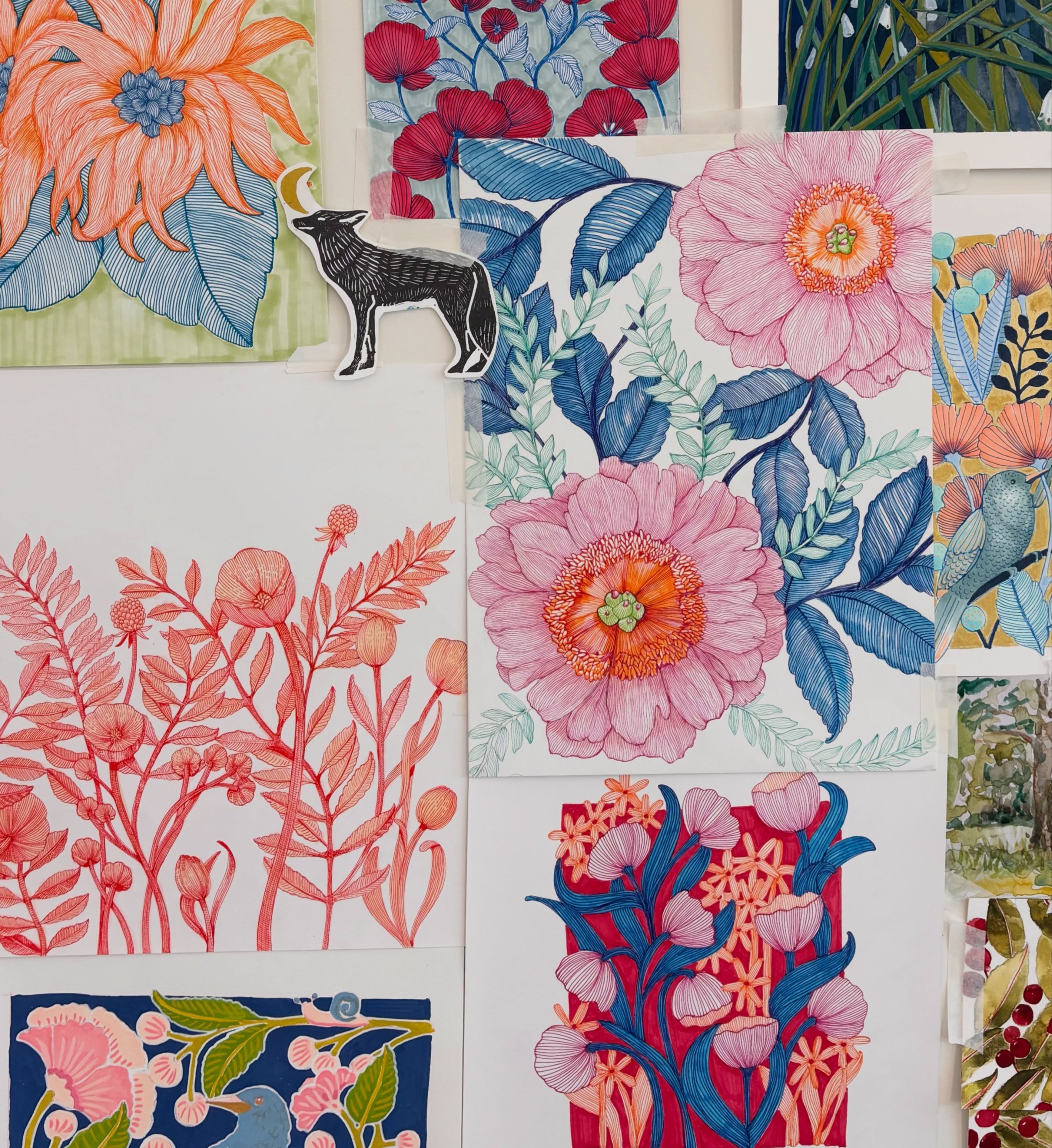 I am reopening the waitlist to my class Sanctuary Studio - these are some of the behind the scenes shots from the class, where I talk and demonstrate how I go about making patterns from original art with a hand drawn feel. Join the waitlist! Sign up 