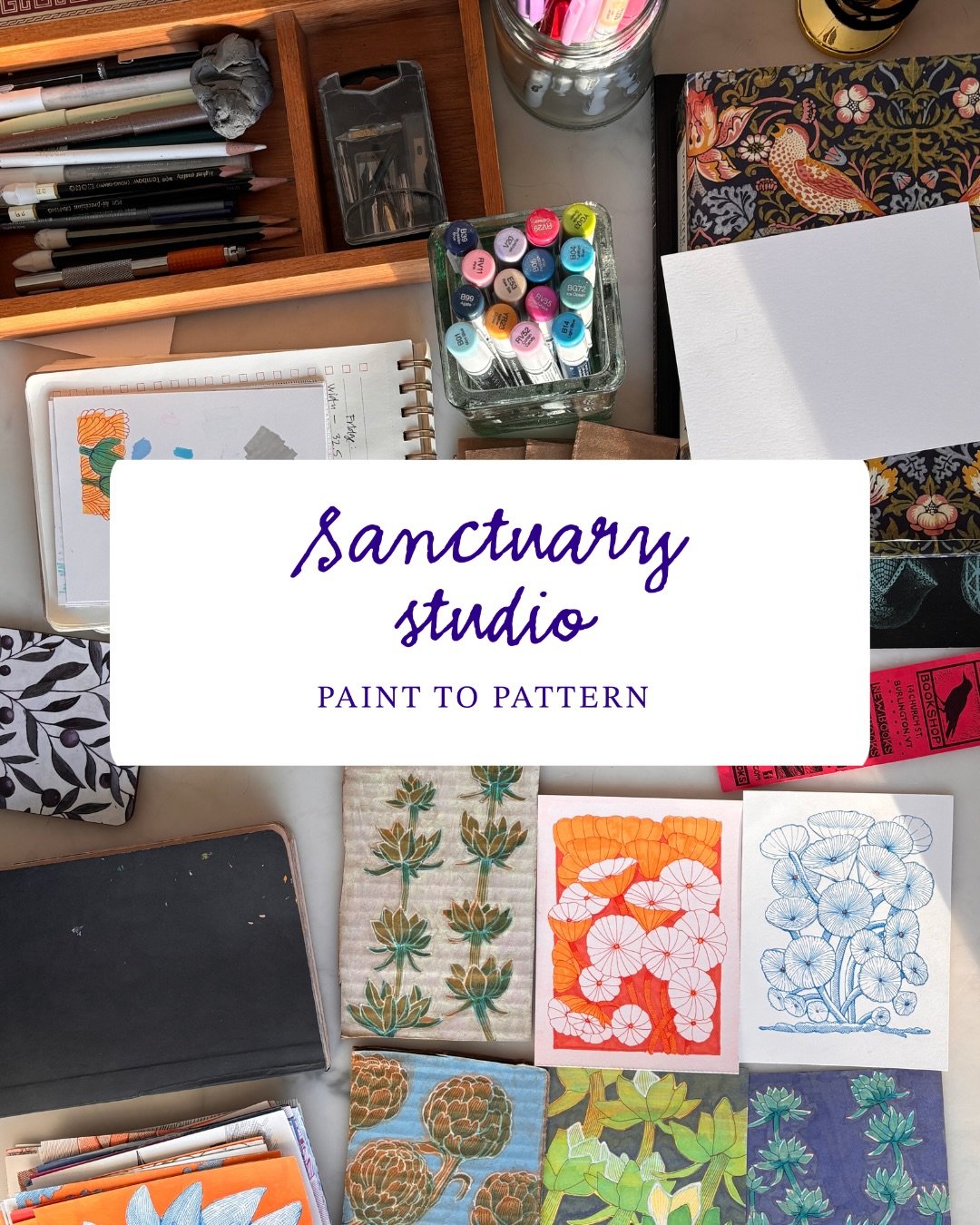 Sanctuary Studio: Paint to Pattern is now re-opened for enrollment. I put everything I know into this course about setting up your workspace, gathering inspiration, doing the work and getting it digitized. If that sounds interesting to you, go to the