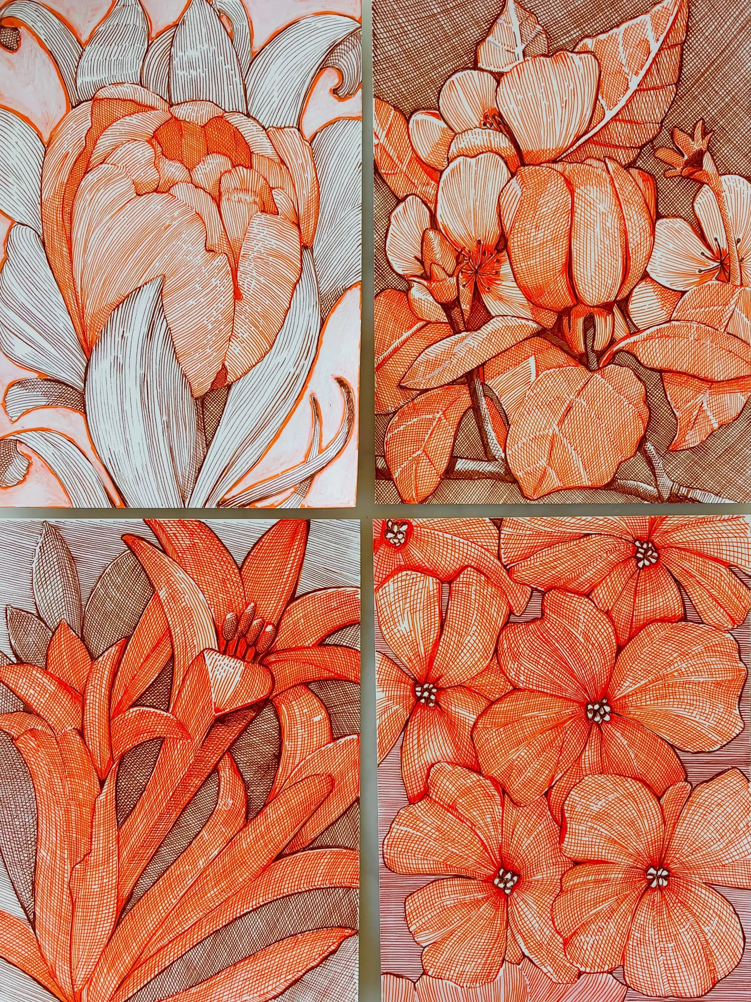 This series of orange, white and brown fine liner ink drawings is part of my original art drop. Set in wooden frames, they are available now in the shop on my website: katieosheadesign.com or follow the link in my profile. 🧡#inkdrawings #originalart