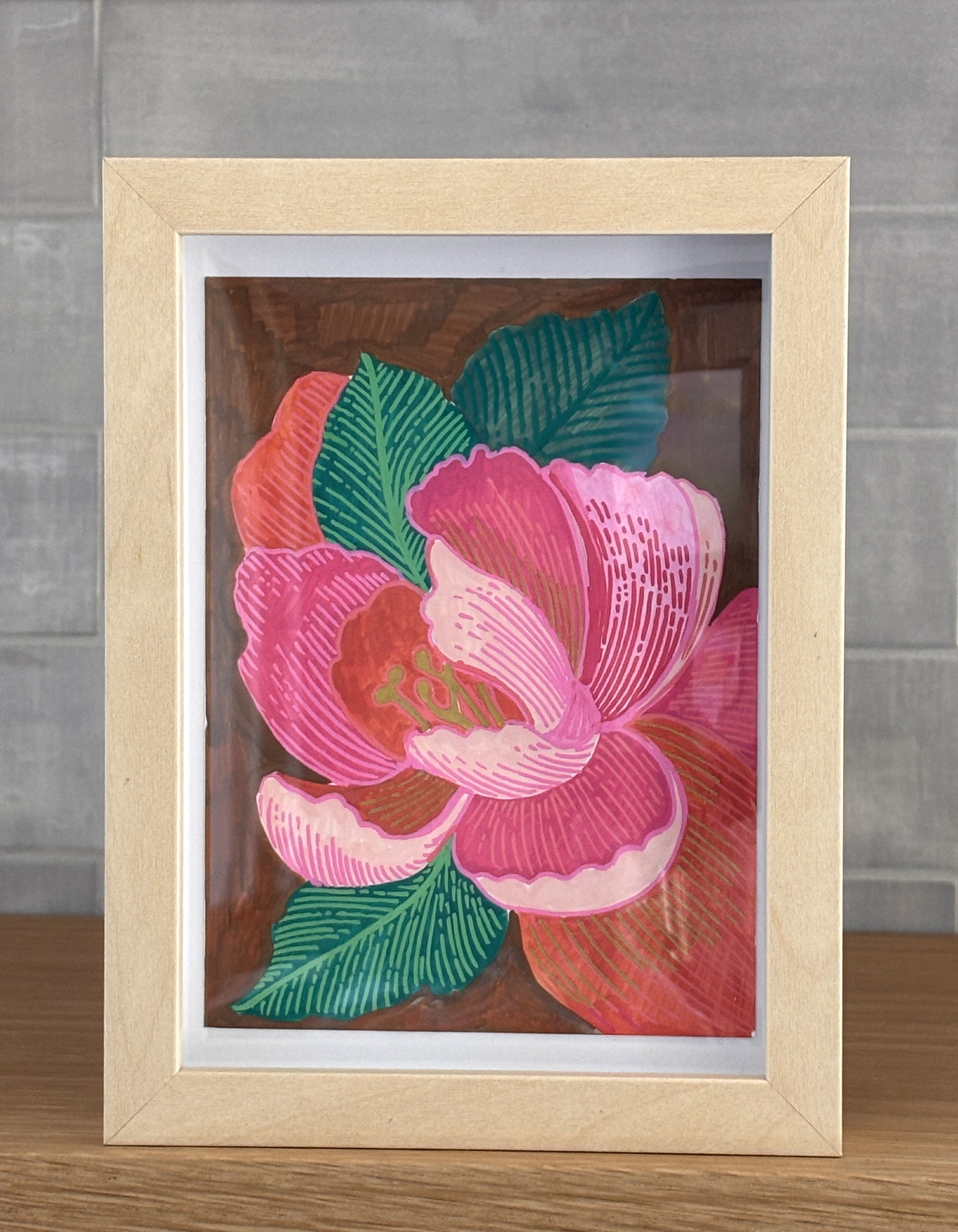 Bright Pink, Green and Gold Abstract Floral Painting