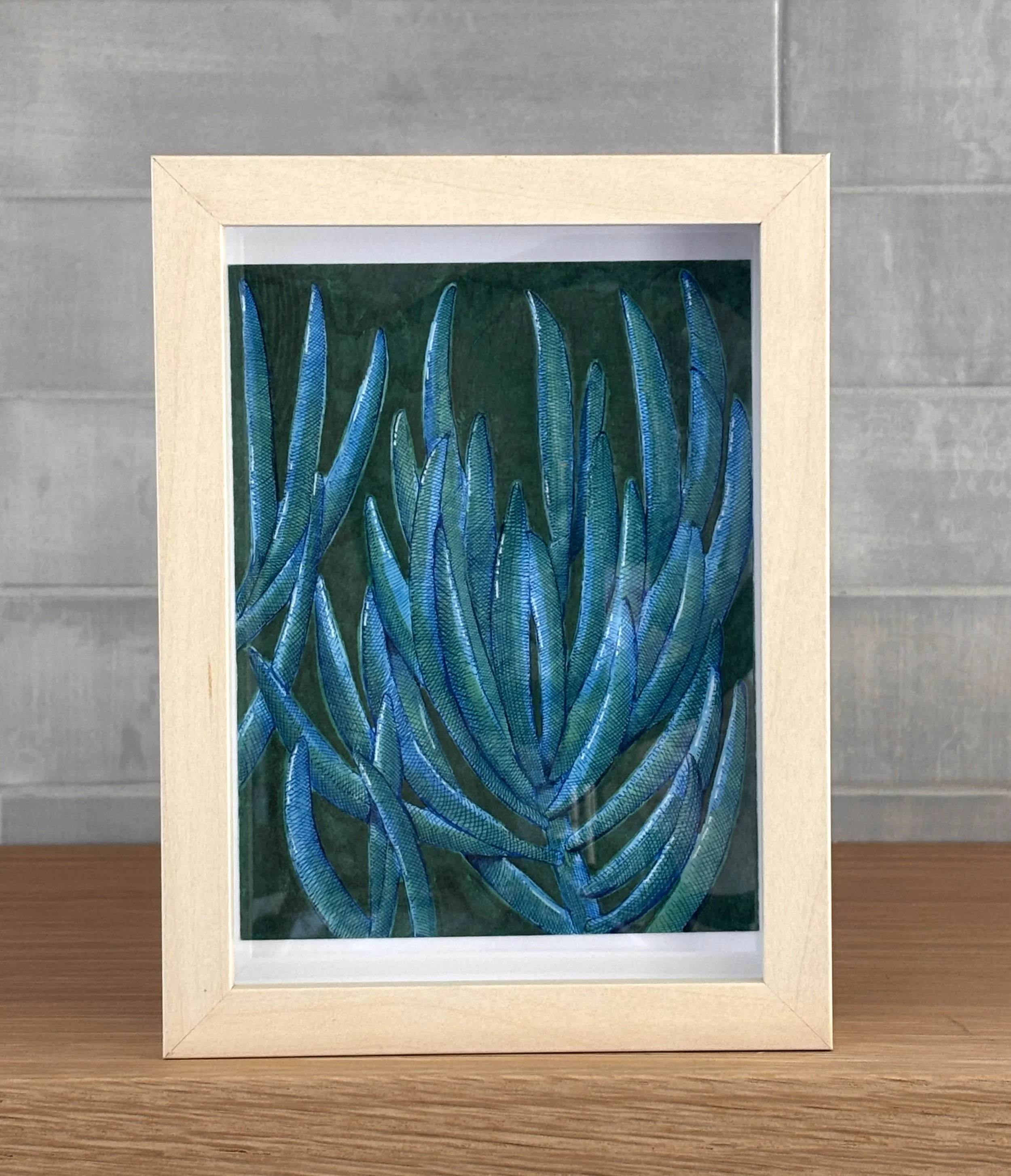 Blue Succulent on Green Line Drawing