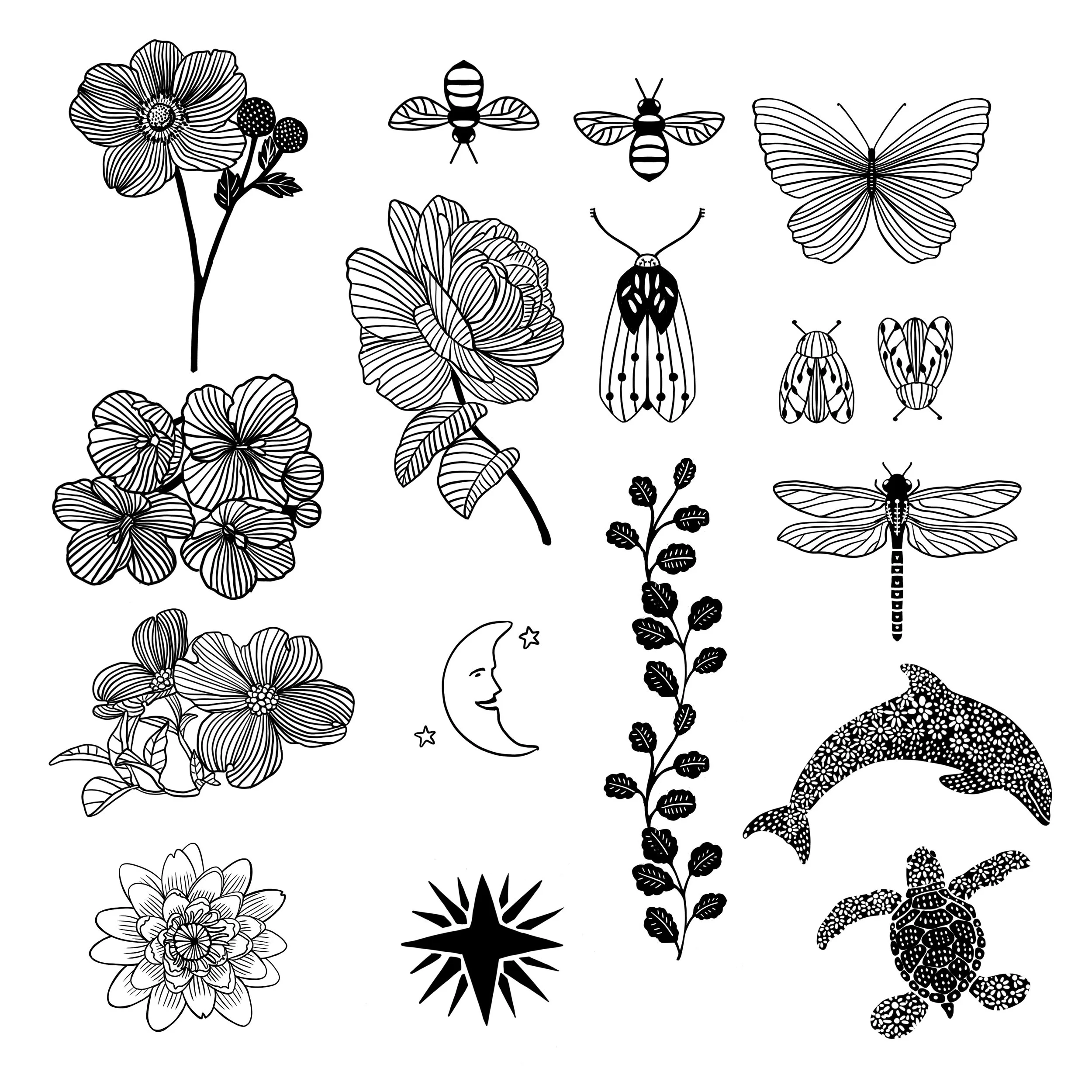 Micro Temporary Tattoos of Flowers, Insects, Moon and Animals