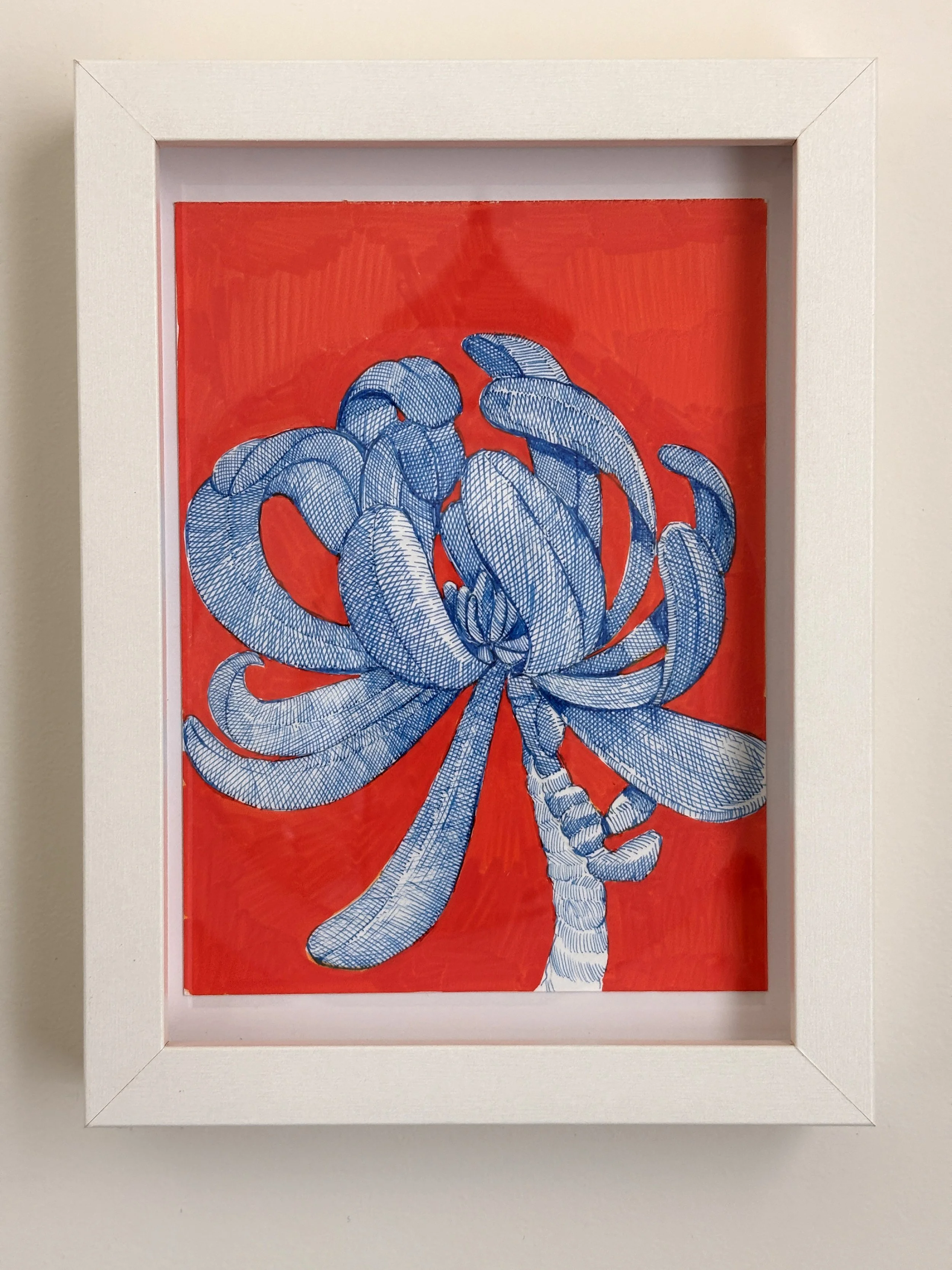 Blue Line Drawing of Magnolia on Red Background