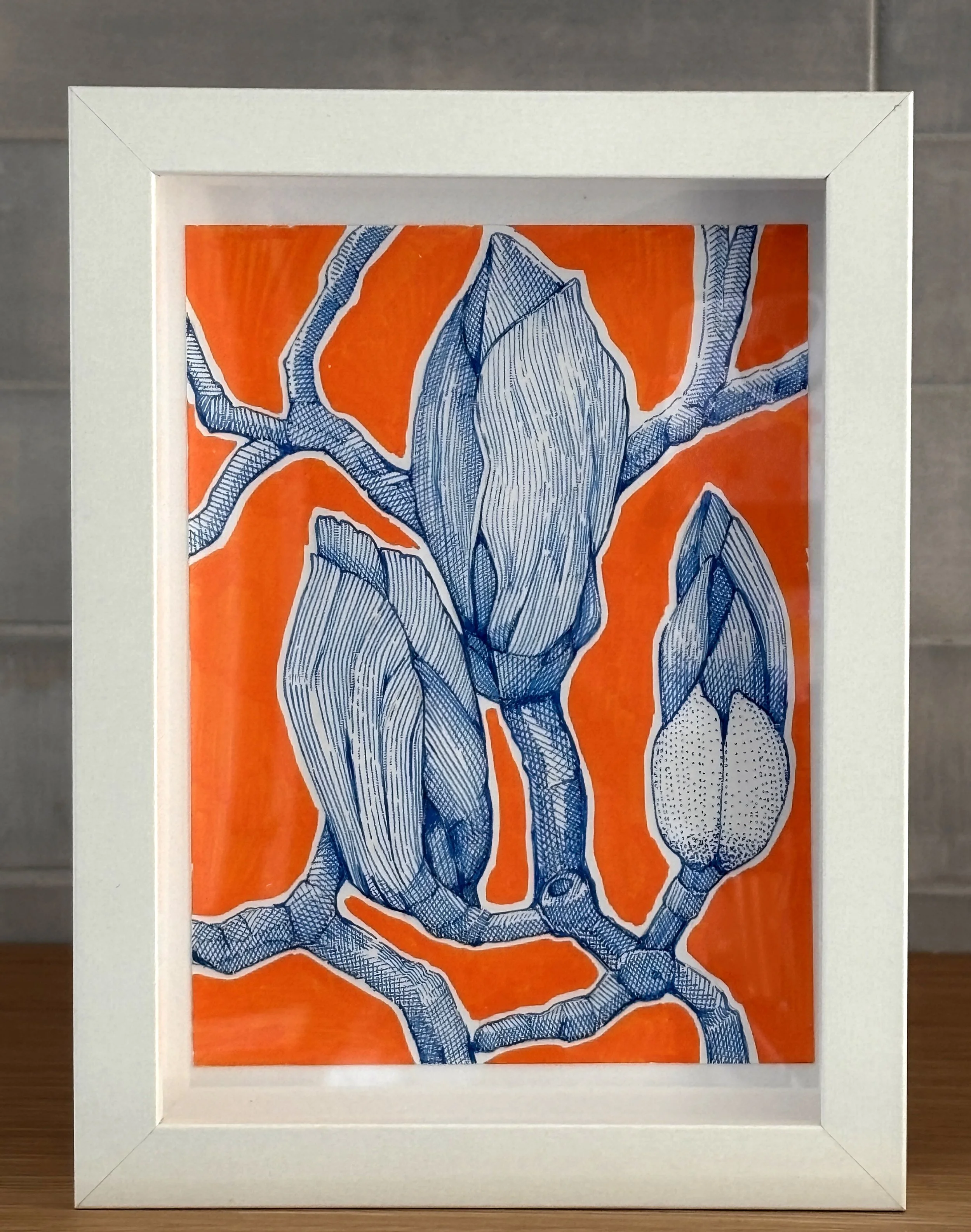 Magnolia Bud Drawing in Blue Ink on Orange