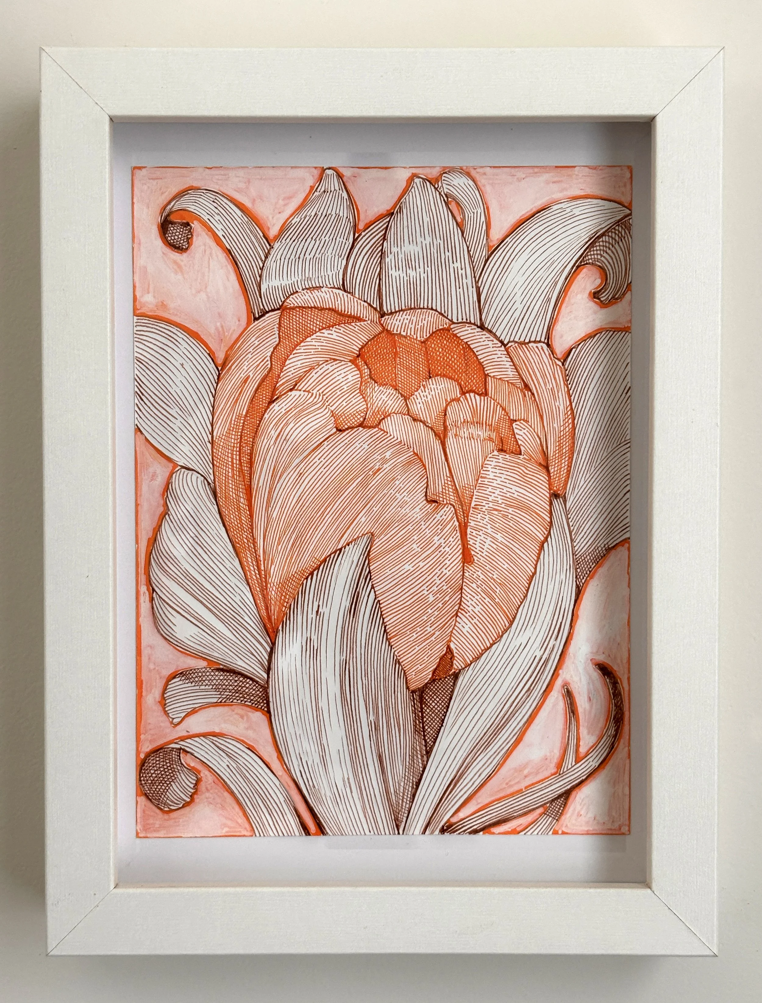 Orange and Brown Tulip Line Drawing in Frame