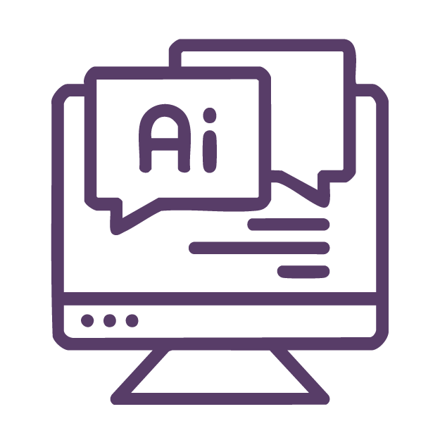 Line art illustration of a computer monitor with speech bubbles containing "Ai" and lines representing text.