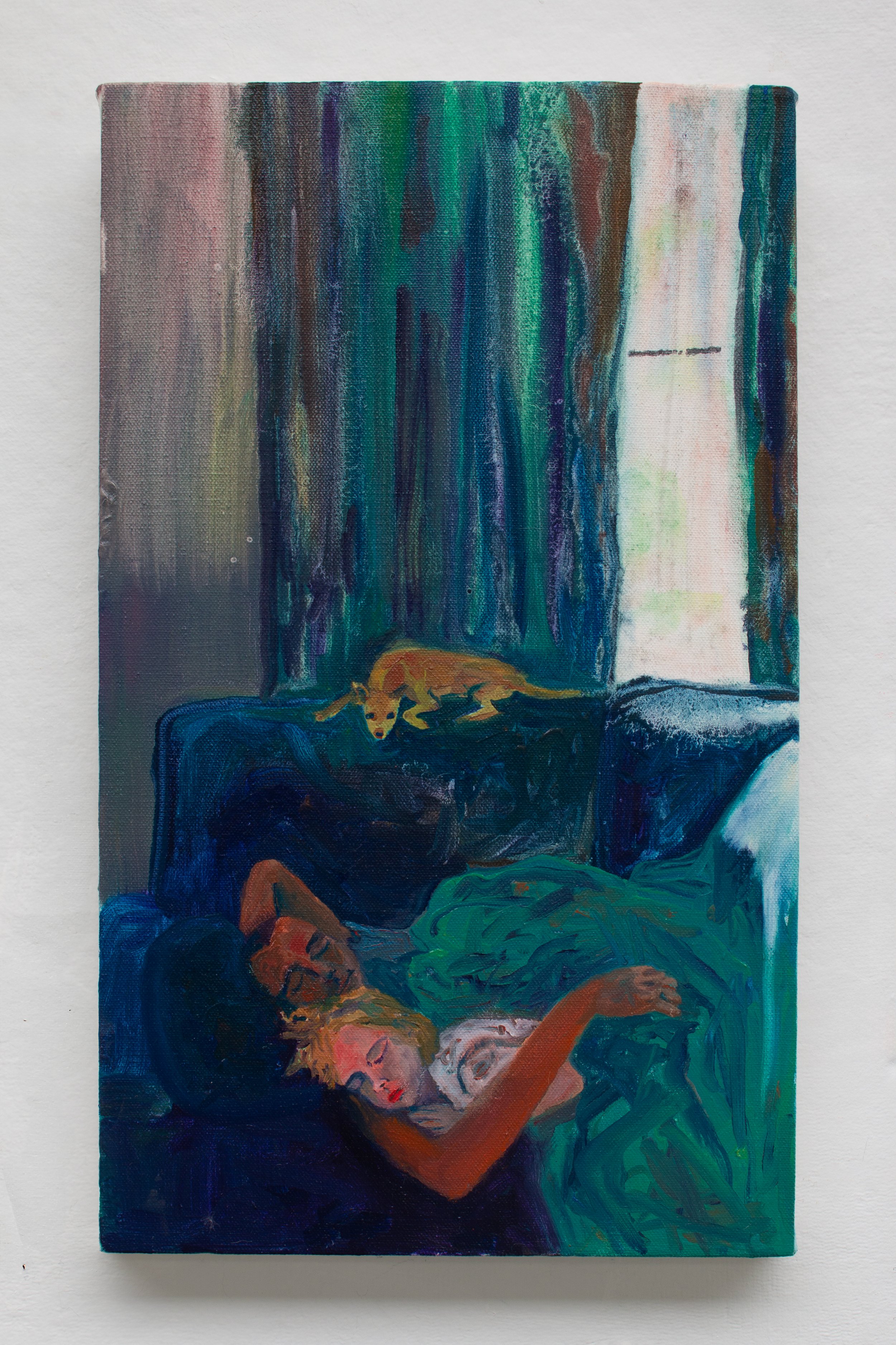 Daughters, Dads, and Dogs | 2026 | Oil on canvas | 18 in x 10.75 in | 45.72 cm x 27.3 cm
