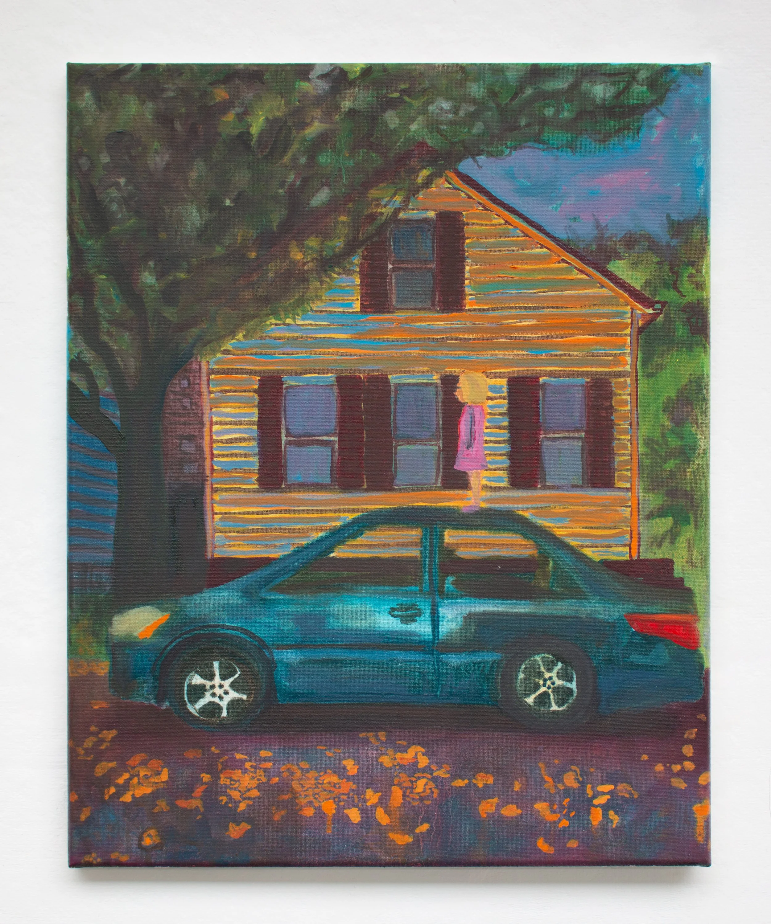 My daughter, standing on our car | 2026 | Oil on canvas | 20 in x 16 in | 50.8 cm x 40.64 cm