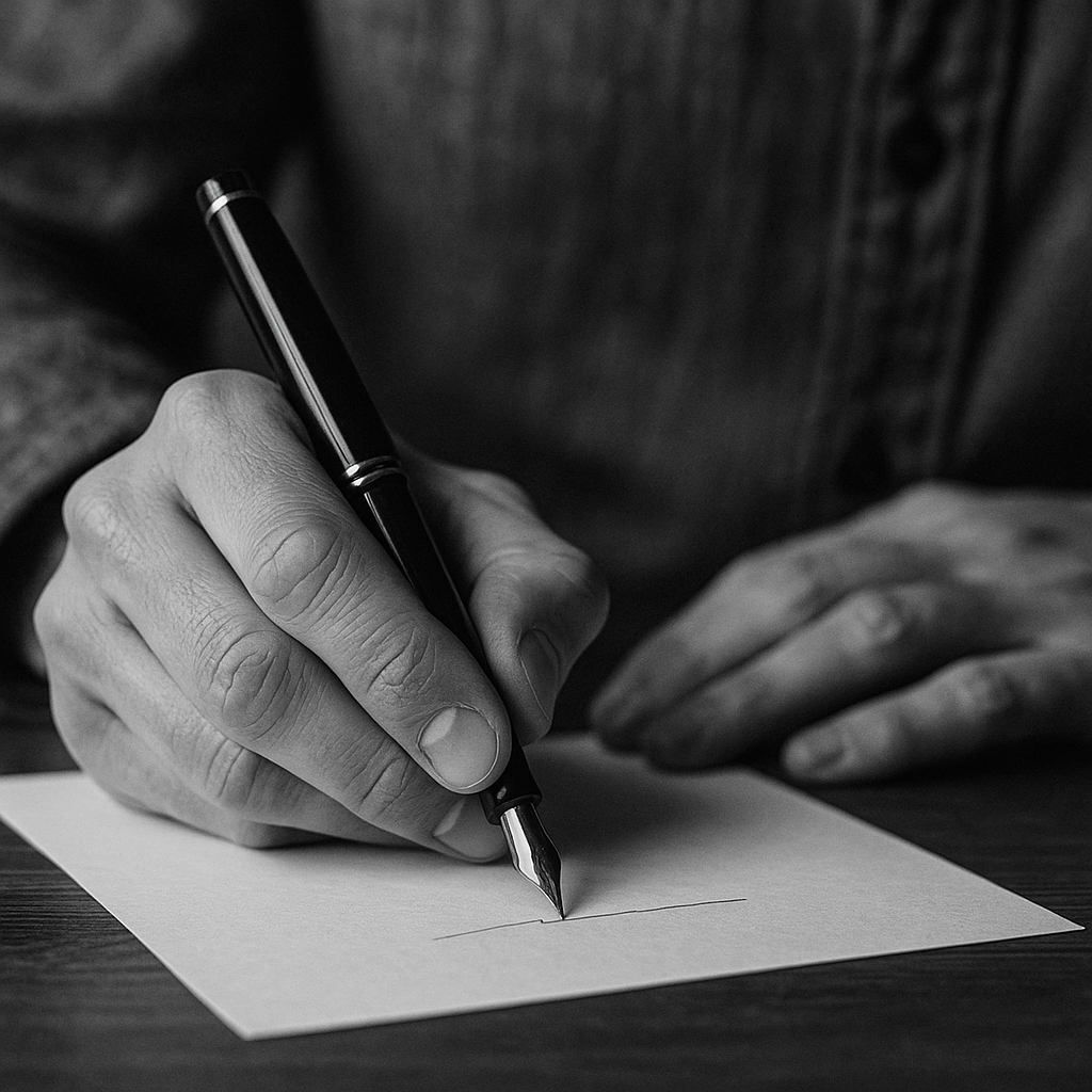 man writing carefully on a letter black and white
