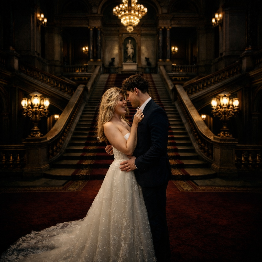 image of a couple getting married in a luxury hall with red carpet