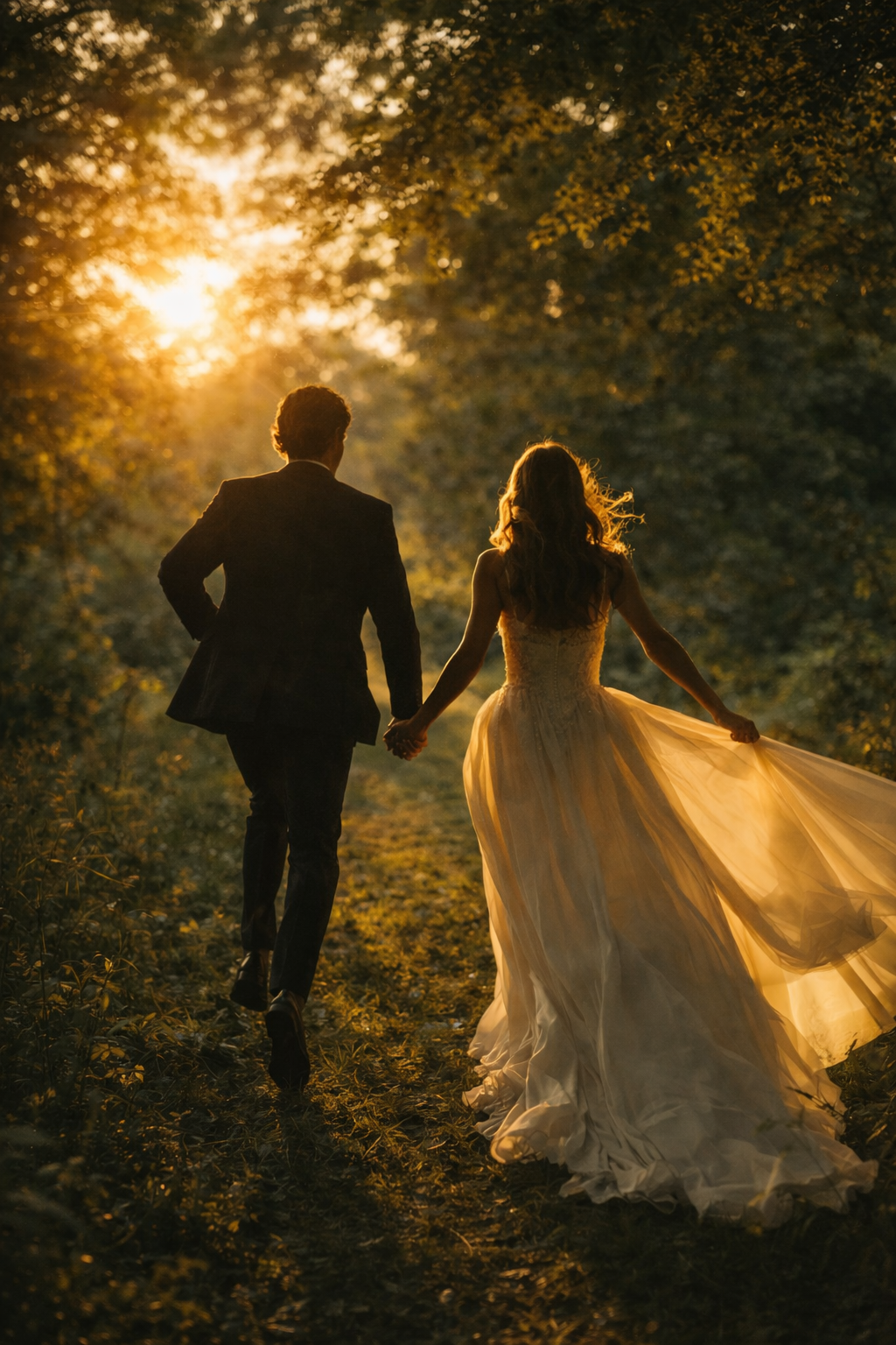 Bride and groom walking hand in hand along a forest path at golden hour, lit by warm sunset light.