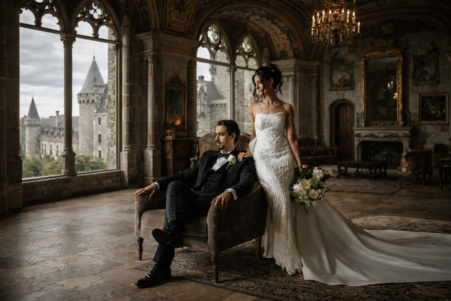 Bride and groom posing in an elegant castle room with arched windows and a historic stone backdrop.