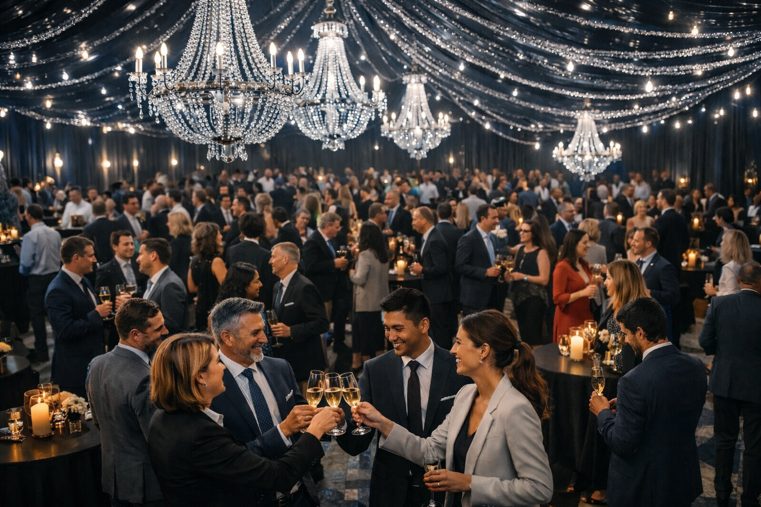 A large, elegant party or gala with many people dressed in formal attire, chandeliers, and string lights.