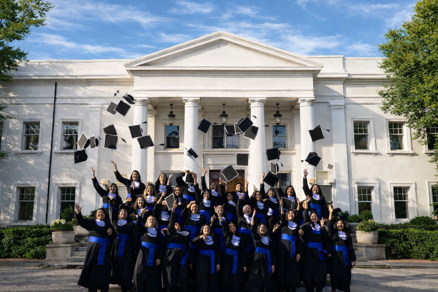 Groupe de diplômés en toge lançant leurs chapeaux devant une grande demeure blanche lors d’une cérémonie de remise de diplômes.