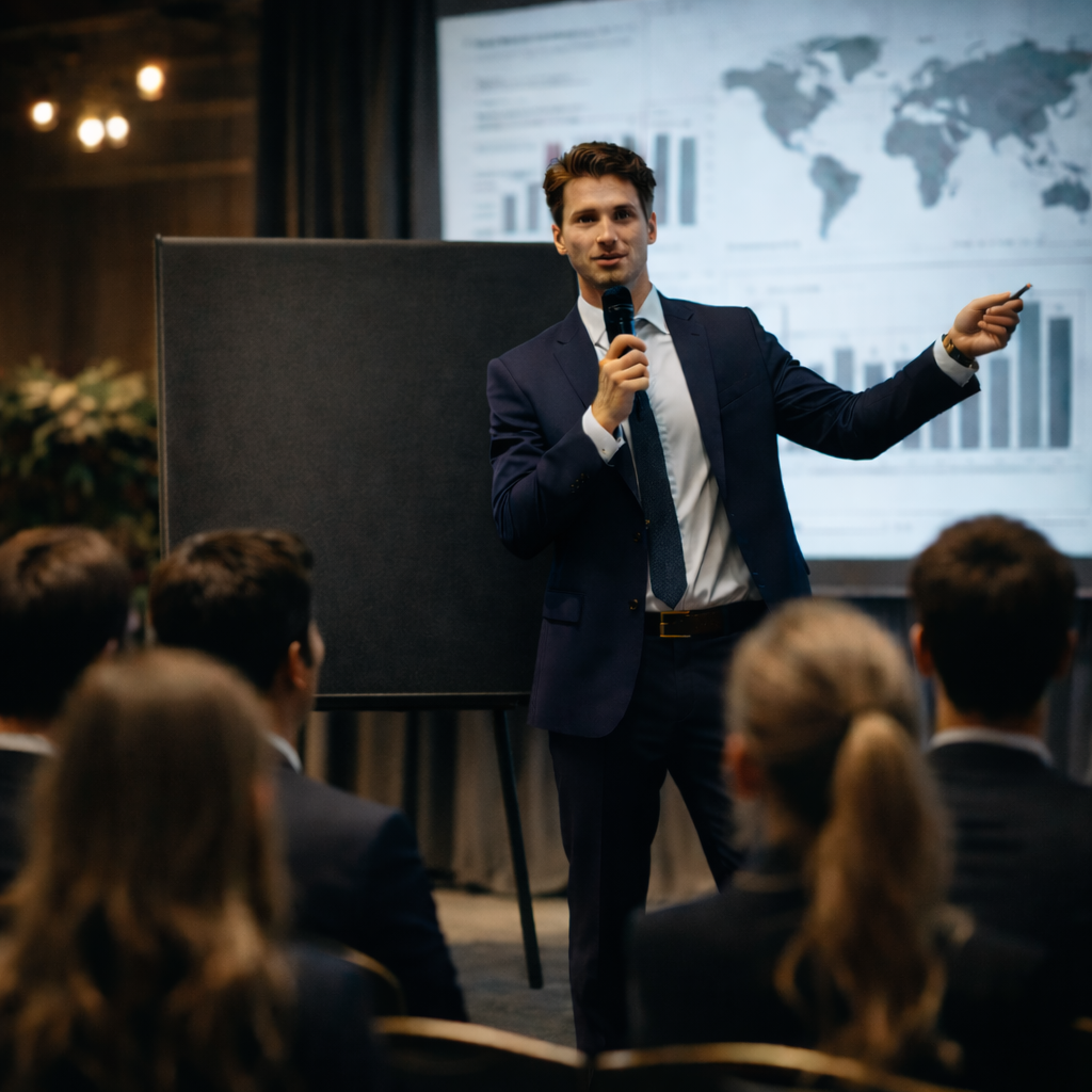 image showcasing a presenter in front of a public for a conference with a mic