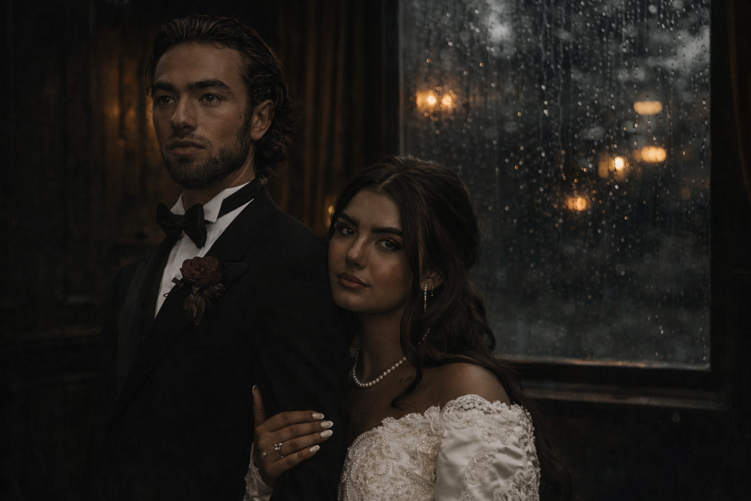 Mariés en tenue élégante près d’une fenêtre couverte de pluie dans un intérieur sombre et romantique.