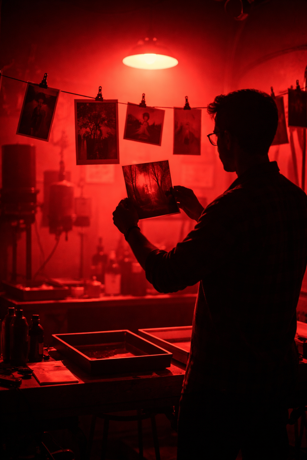 Man observing photos in a red room to develop photography and retrieve them