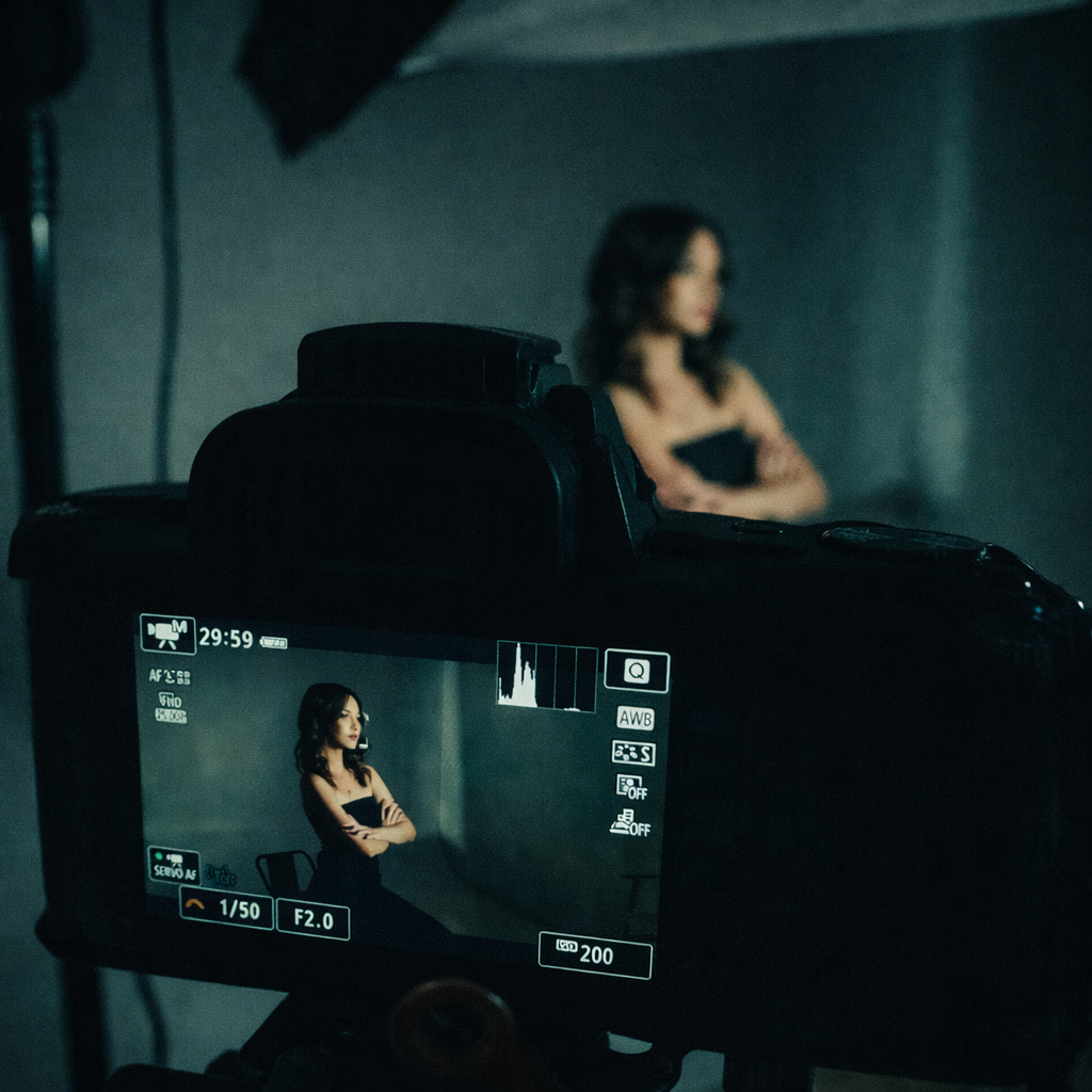 photo of a woman in front of a camera in studio conditions, modelling and model