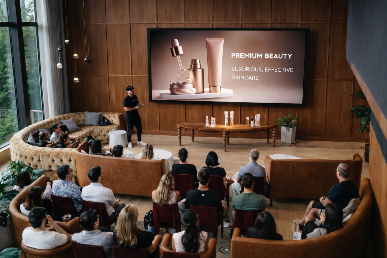 Corporate brand presentation photo showing a speaker introducting a premium beauty product line to a seated audience in a stylish modern venue. Captured by OnlyDiscovering Productions for business events, product launches, branded experiences