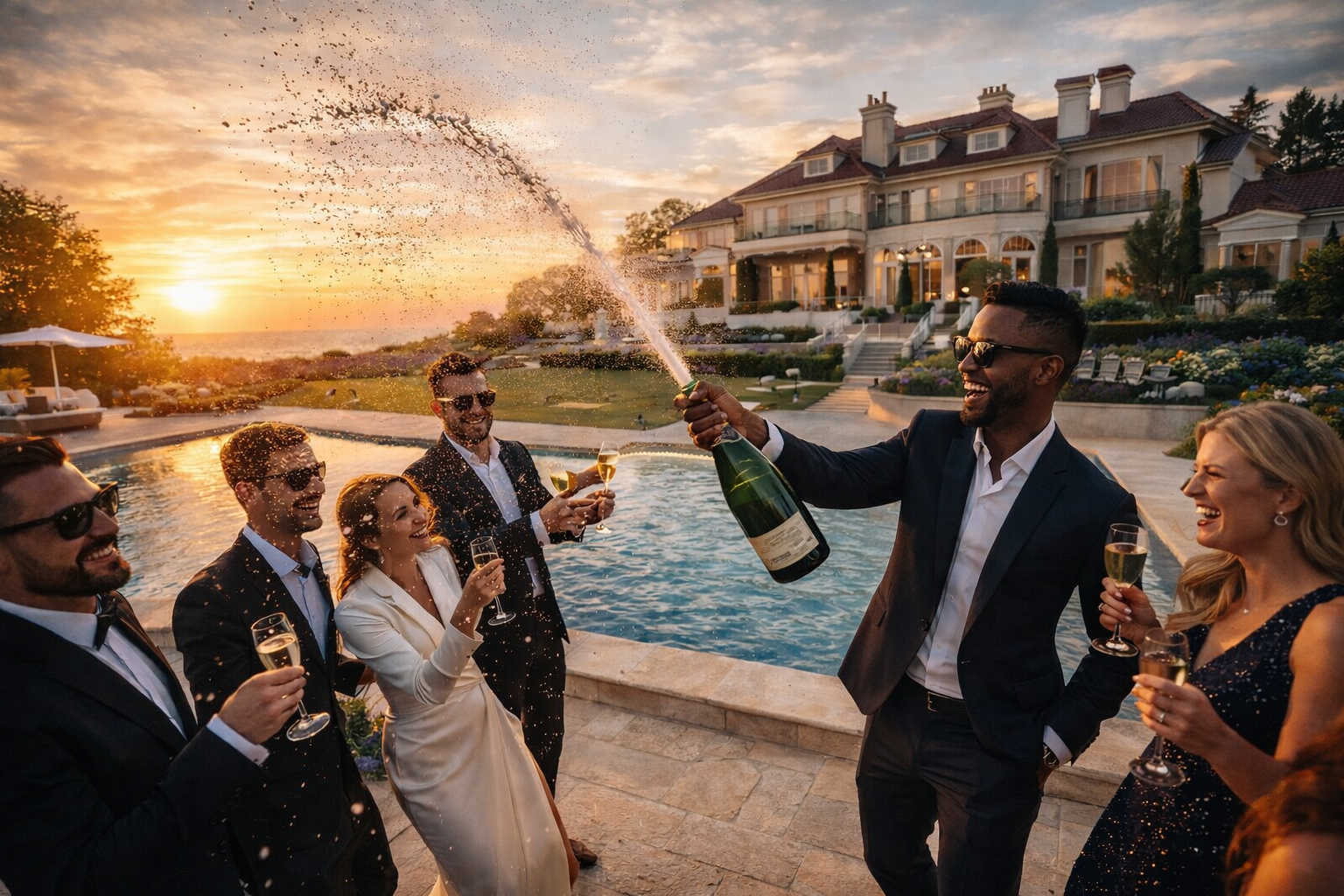 People celebrating by a pool during sunset, with one person opening a champagne bottle and others holding glasses, dressed in formal attire.