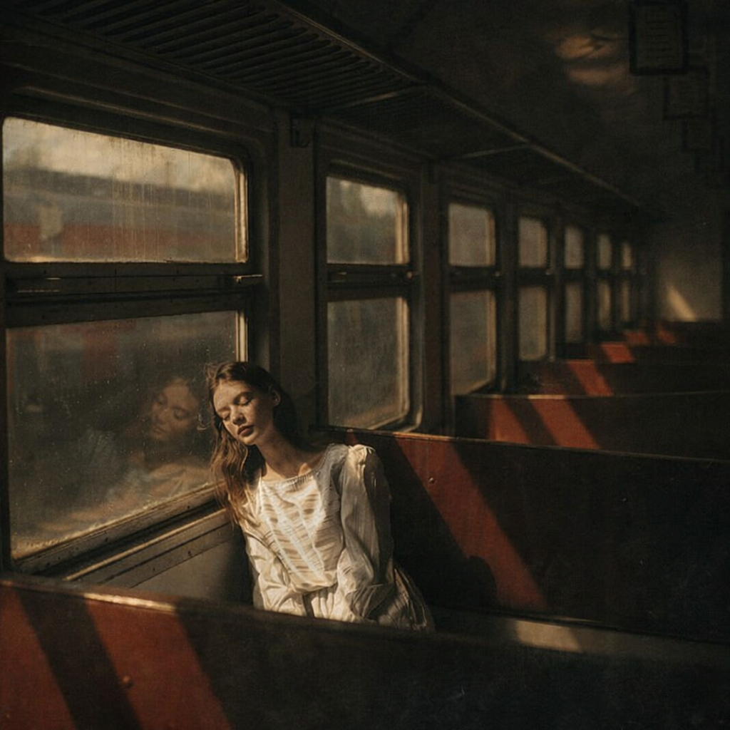 Woman sitting alone in a vintage train carriage, resting by the window in soft golden light.