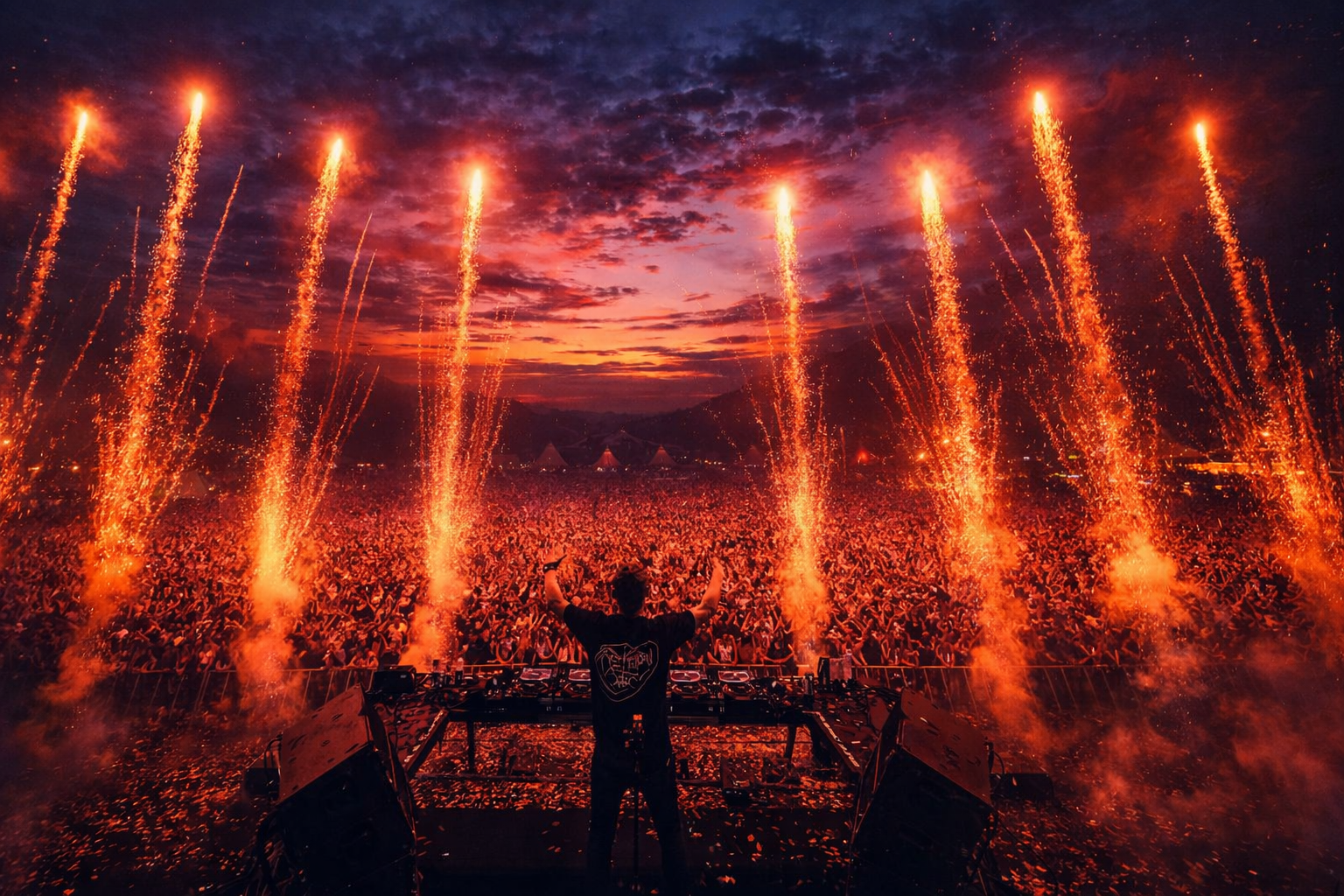 Vue spectaculaire d’un DJ sur scène face à une foule immense pendant un festival, avec des jets pyrotechniques illuminant le ciel au coucher du soleil. Photographie événementielle par OnlyDiscovering Productions pour illustrer concerts, festivals