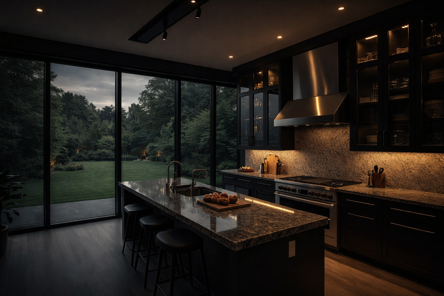 Contemporary dark kitchen with a central island, granite counters, and large glass doors opening to a garden view.