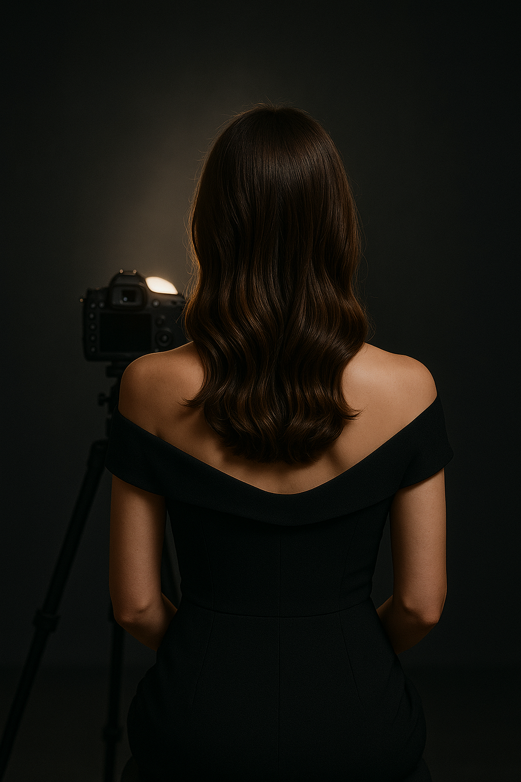 Portrait of a woman in front of a camera. She is inside a photography studio for professional use