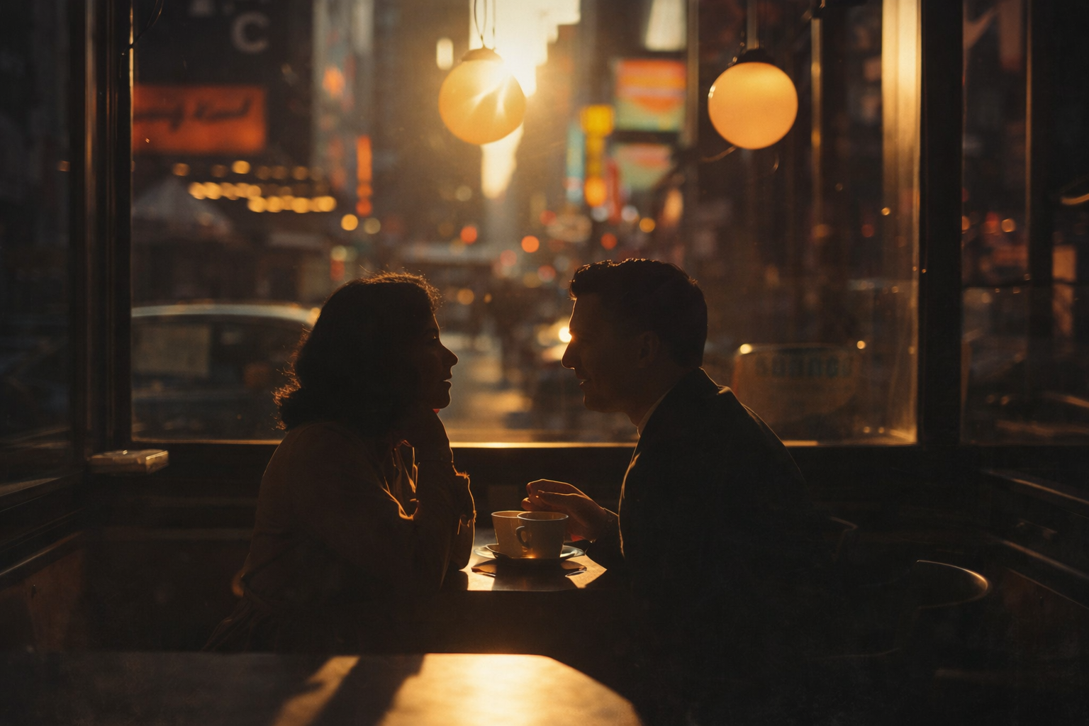 Couple sitting face to face in a café at sunset, silhouetted by warm city light through the window.