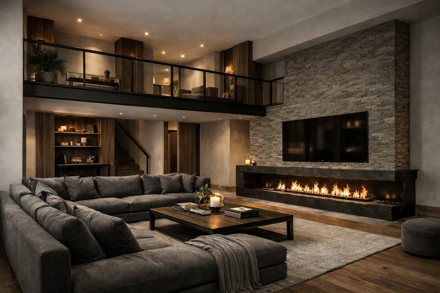 Modern living room with a large sectional sofa, mezzanine level, stone accent wall, and long linear fireplace.