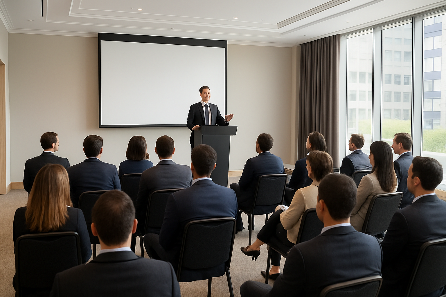 Corporate Event in front of a crowd of business people presenting