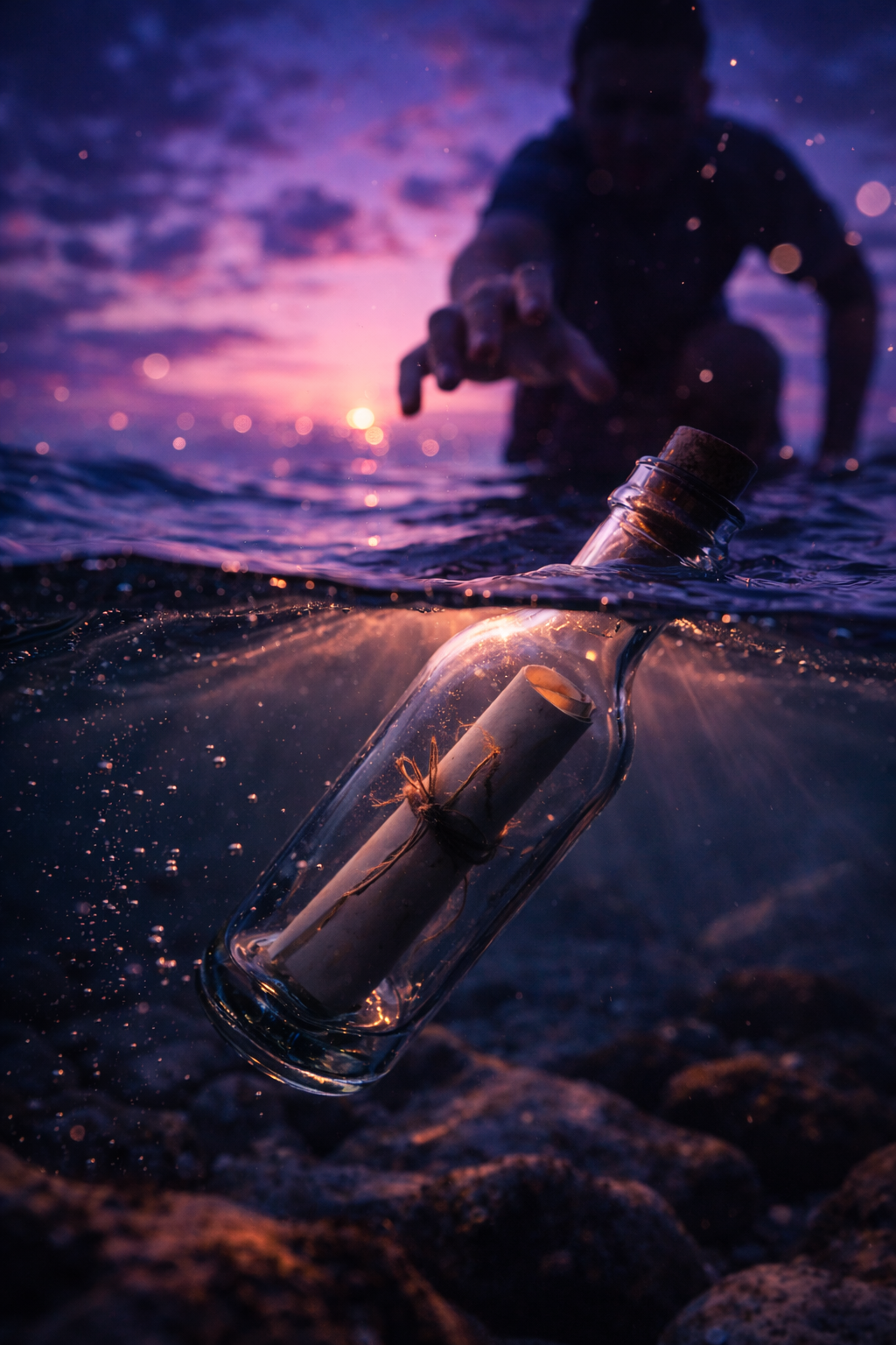 Man about to retrieve a bottle in the water with a message letter written inside the bottle. Mainly used for adverisiting strategy
