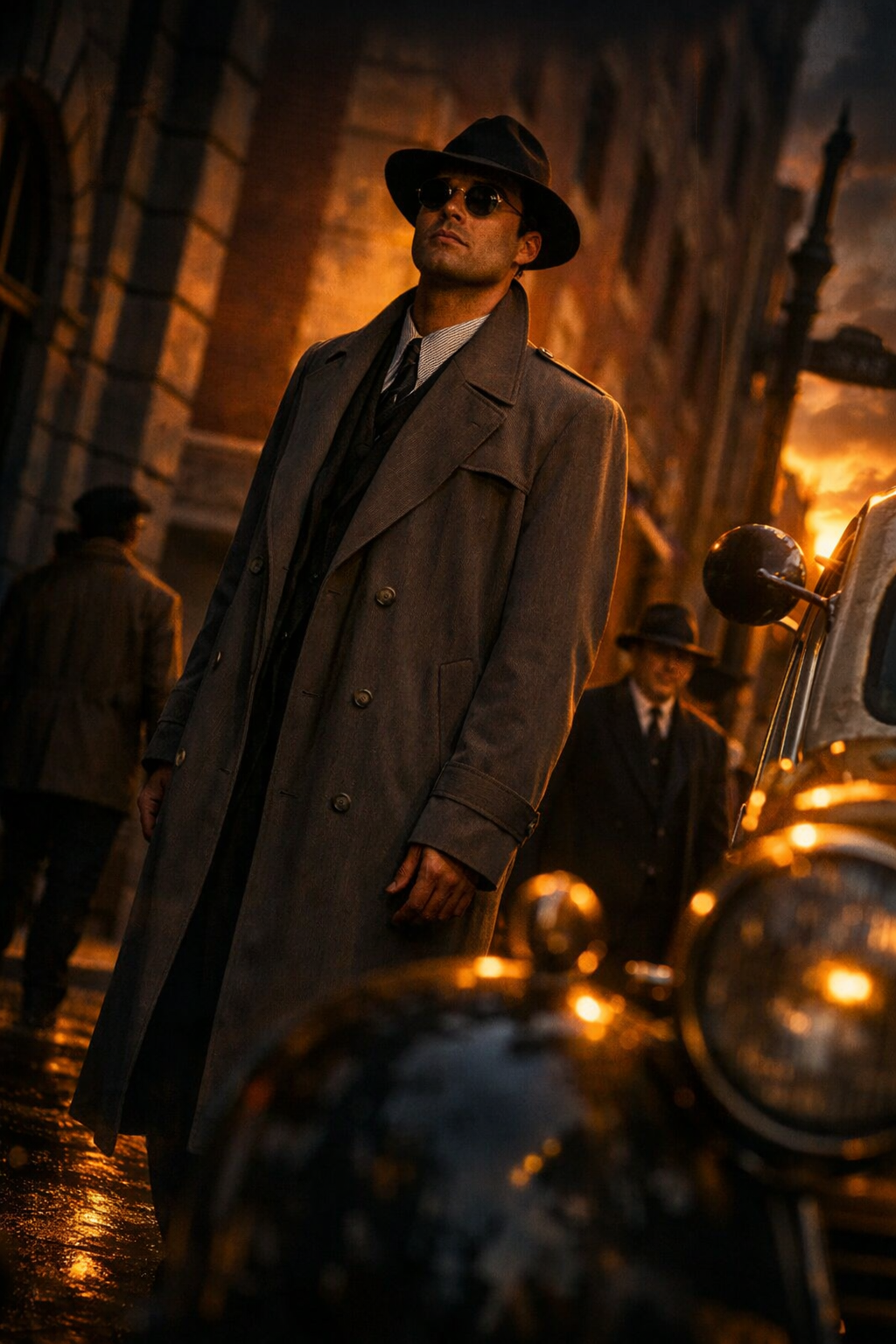 Cinematic portrait of a man in a trench coat and hat standing on a wet city street beside a vintage car at sunset.