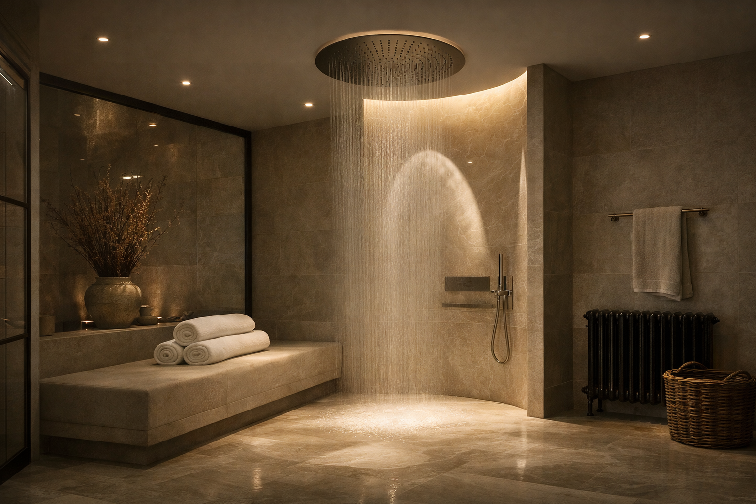 Luxury spa-style bathroom with a large ceiling rain shower, stone finishes, warm lighting, and rolled white towels.