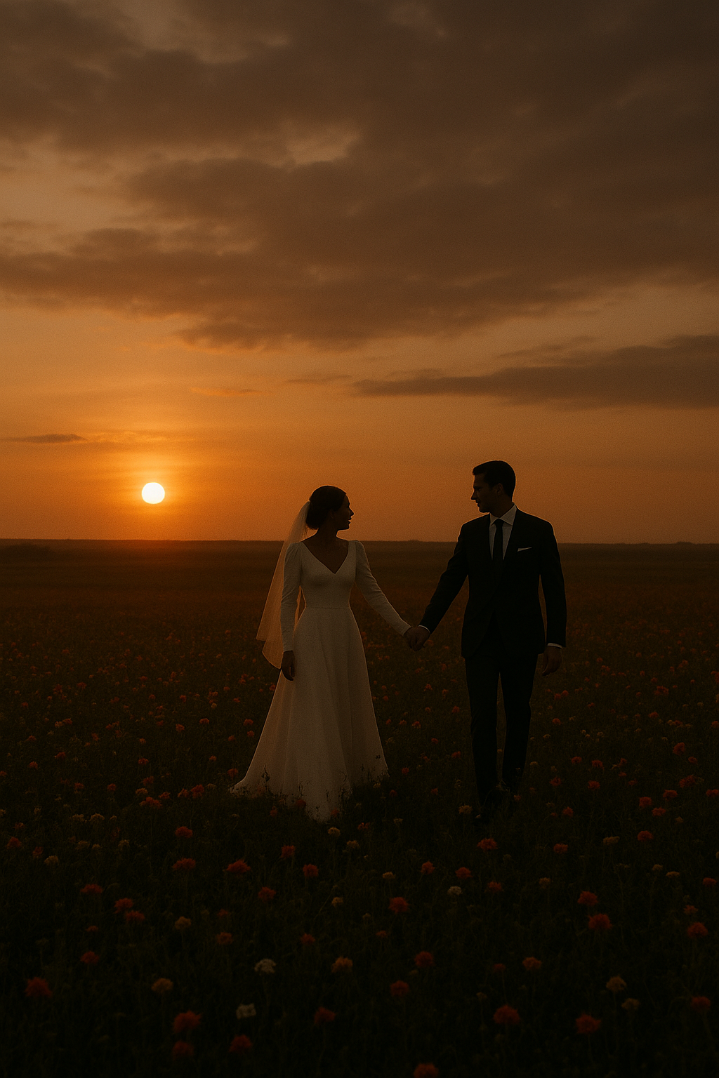 married couple at sunset holding hands in a field, storytelling photography