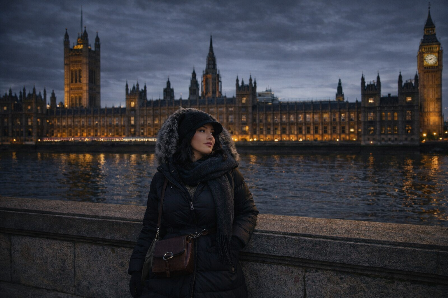 Woman in winter clothing posing by the River Thames with Big Ben and the Houses of Parliament lit up at dusk.