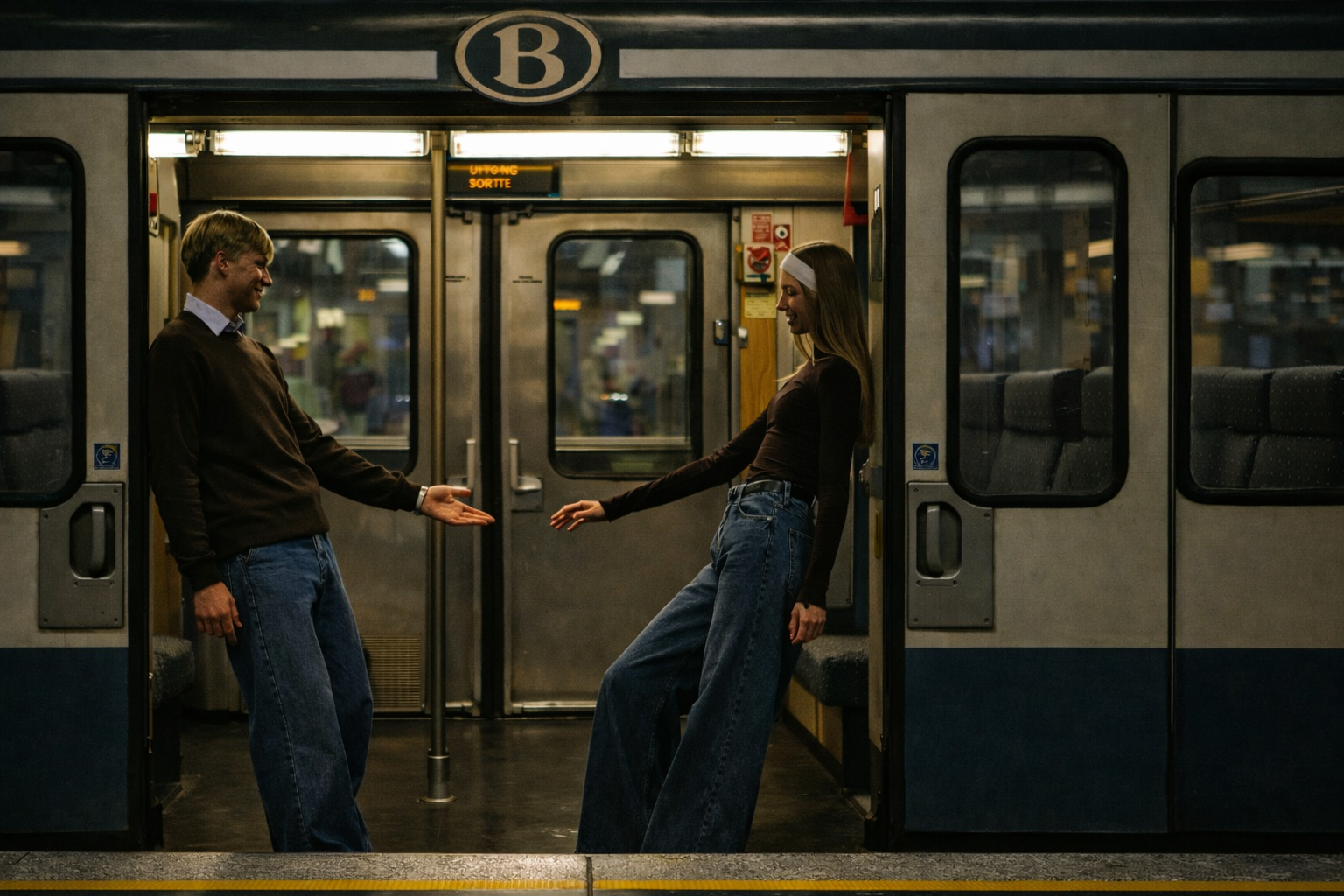 Couple smiling and reaching toward each other inside a metro train, captured in a relaxed urban lifestyle moment.