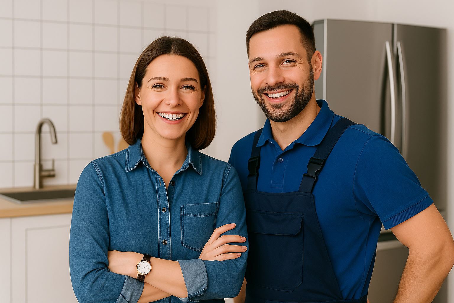 A woman and a man smiling in a kitchen; the woman is wearing a denim shirt and a watch, the man is wearing a blue shirt and a navy apron.